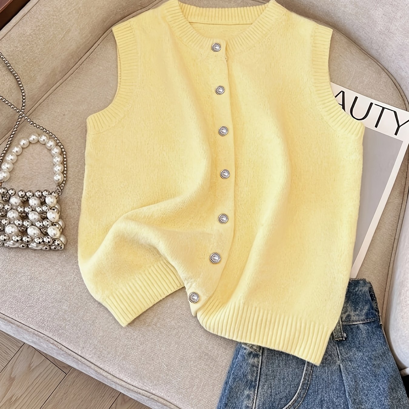 TEMU DJ260331955 Gilet Boutonné Perle Jaune Col Rond Manches Cardigan Vêtement d'Extérieur Printemps Tendance Veste Pull Polyvalente