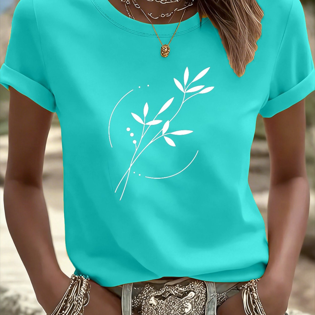 TEMU 3388# Elegant Women's T-shirt Short Sleeve, Fashionable , Summer Essential, Travel, Date, Gift, Vacation, Beach Branch And Leaf