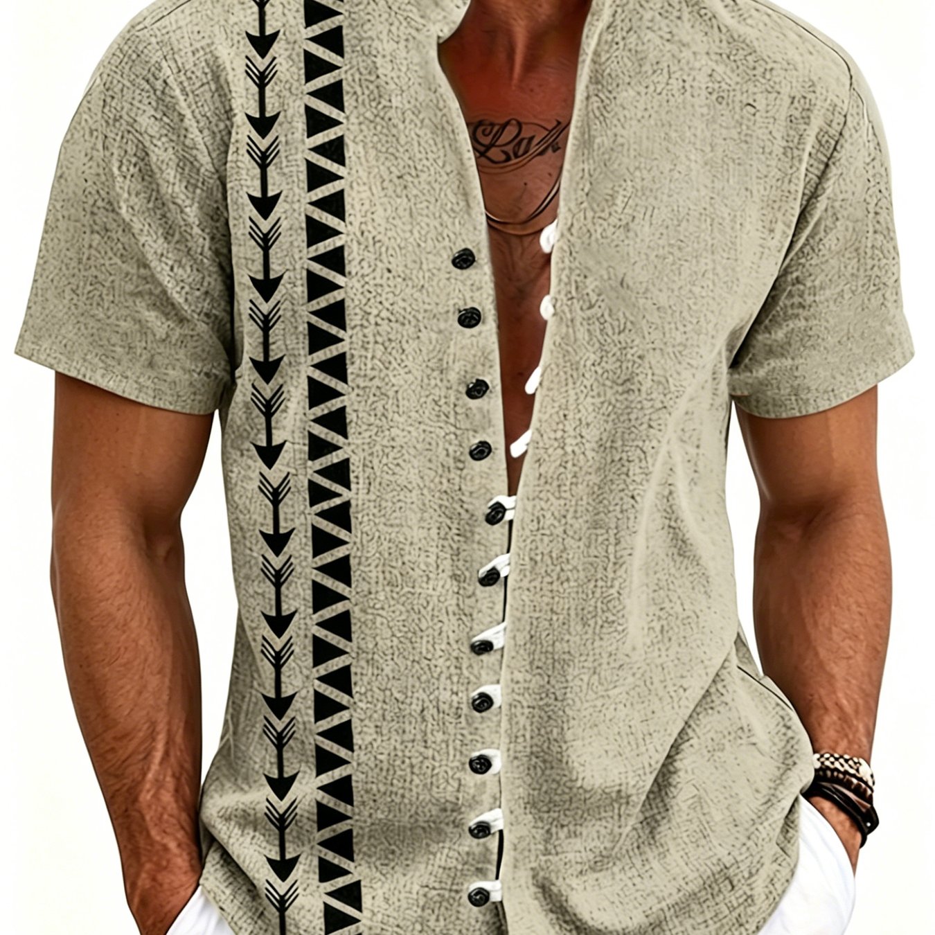 Image of Plus Size Men's Casual Shirt Khaki Faux Linen Geometric Tribal Totem Printed Short Sleeve Henley Collar Button Shirt Essential For Summer Travel Party And Daily Wear
