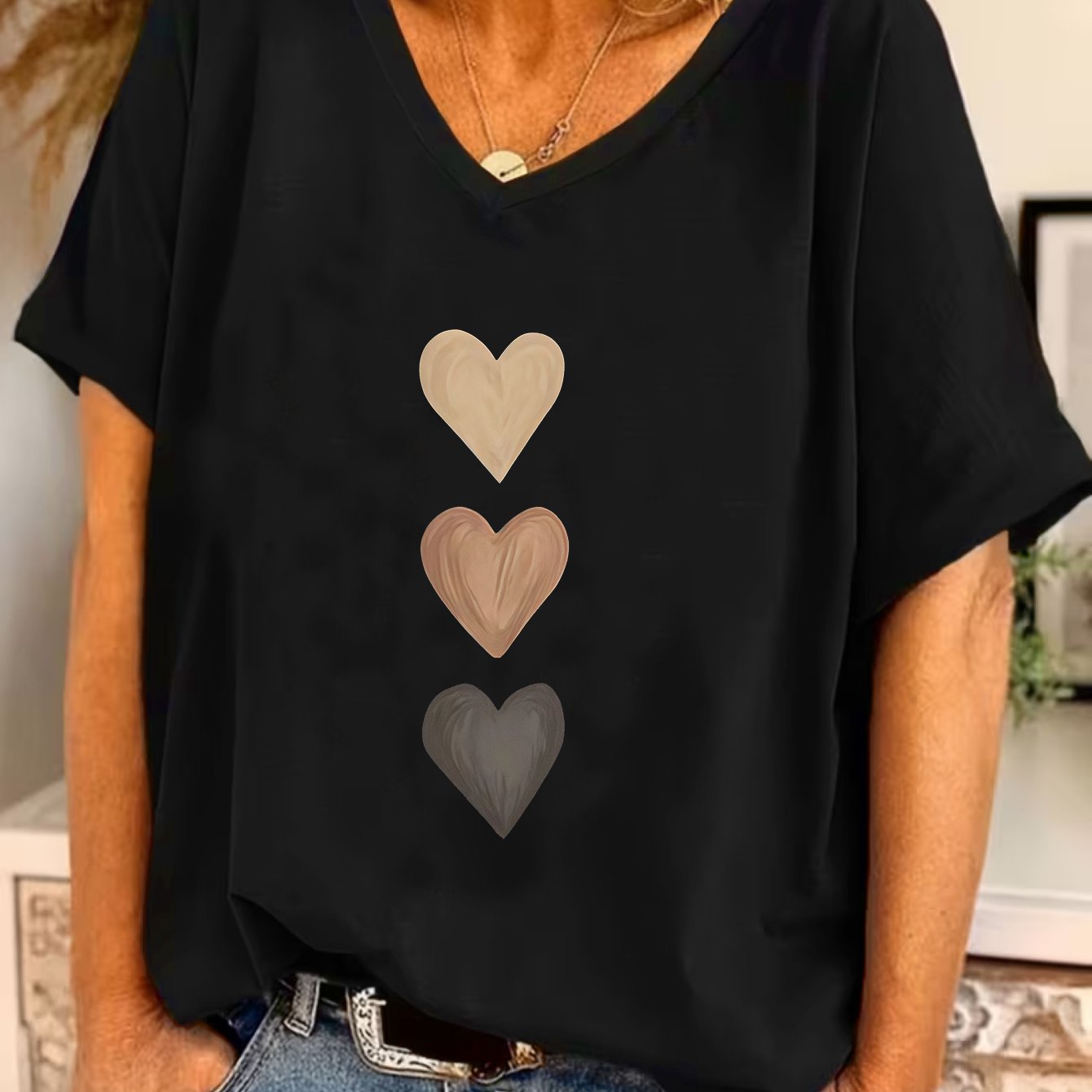 TEMU Plus Size, Women's Plus Size V-neck Batwing Short Sleeve T-shirt With Heart Print - Oversized Casual & Valentine's Day Blouse, Stretch Fabric