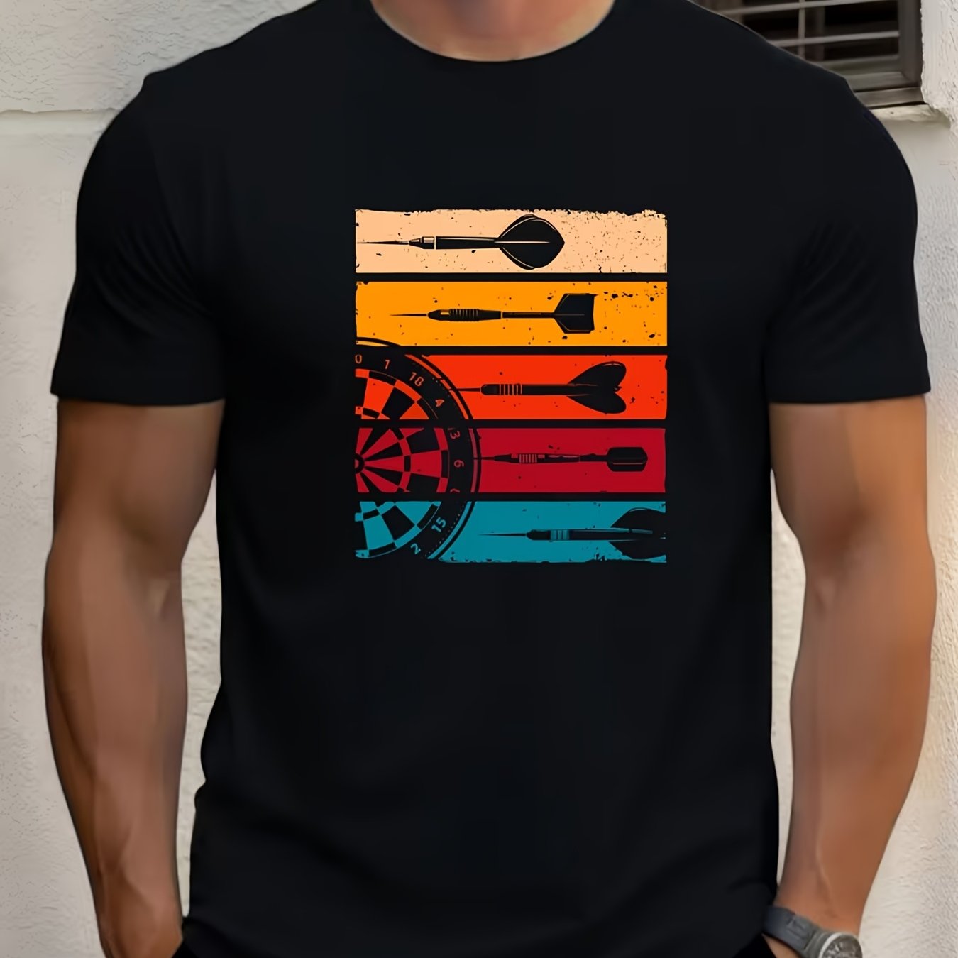 TEMU Men's Dart Print T-shirt - Summer Casual Crew Neck Short Sleeve Tee With Dart & Dartboard, Machine Washable Athletic Shirt Suitable For Gym,