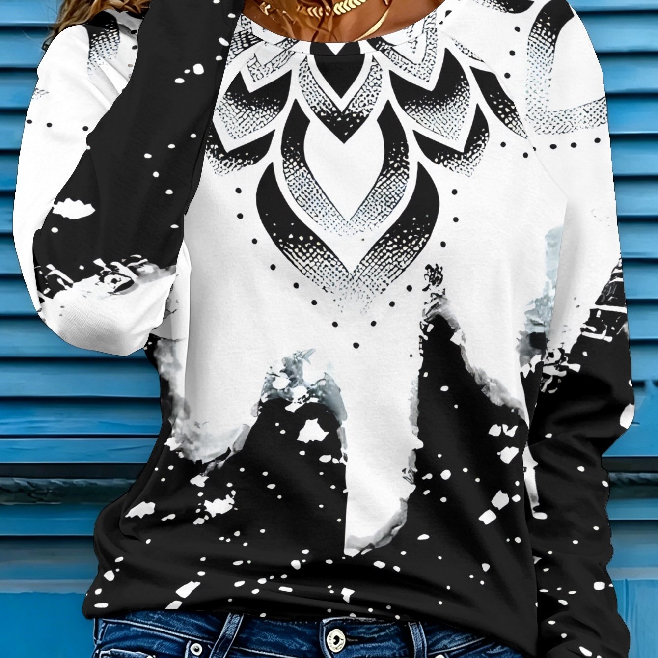 TEMU Women's Casual Long Sleeve T-shirt, Black And Flower Embellishment, With City Silhouette Snowflake Pattern, Soft And Comfortable, Suitable For