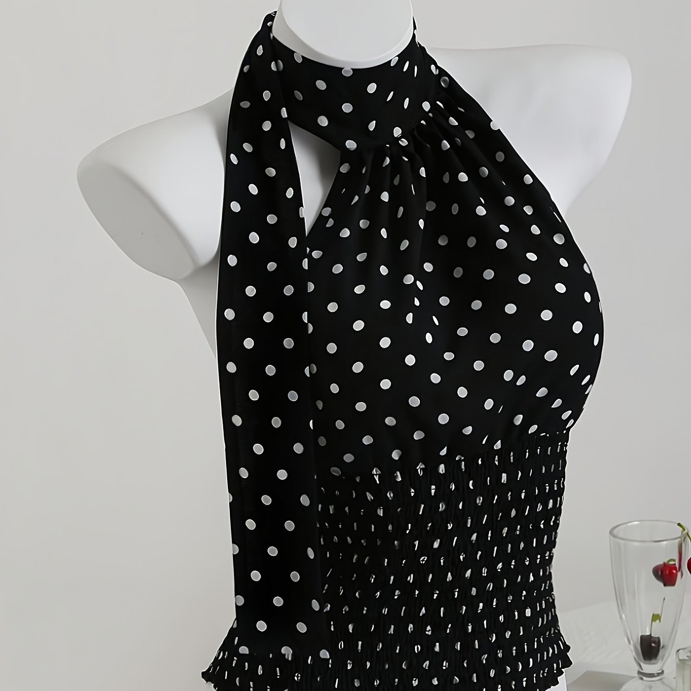 TEMU New Women's Fashion Easy Temperament Daily Casual Polka Dot Backless Waist-cinching Halter Neck Suspender Vest, High Neckline Design, Suitable