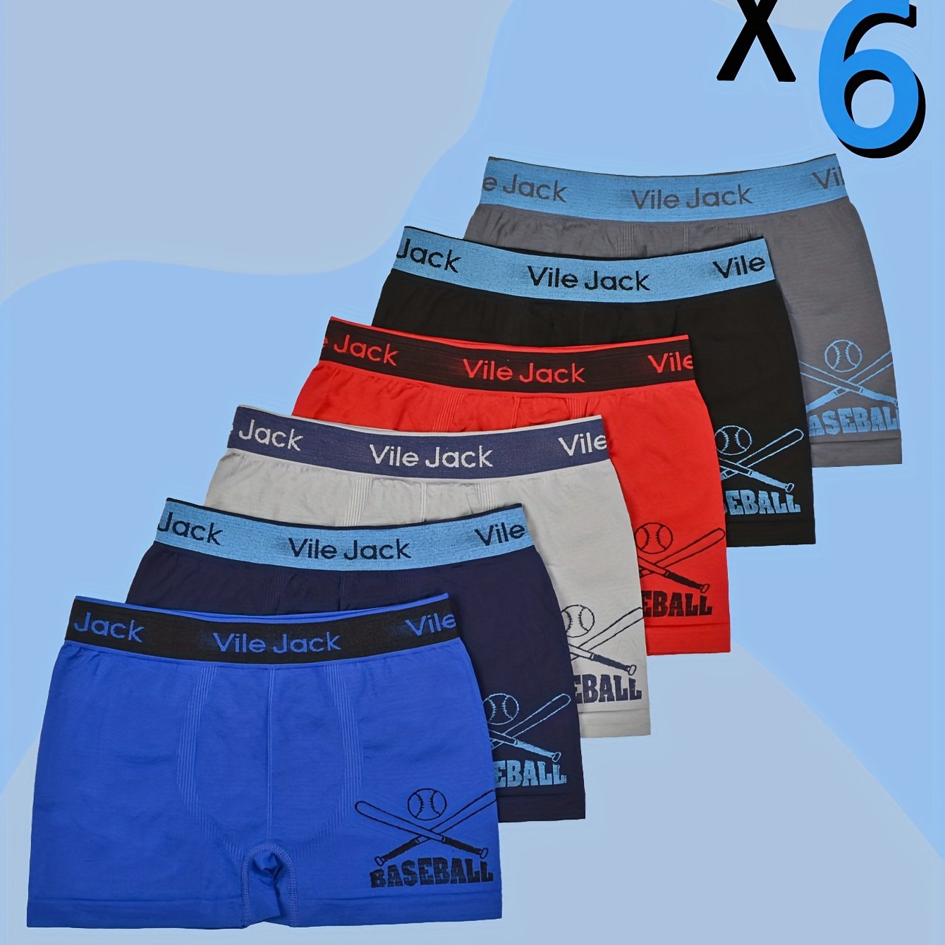 Image of Random 6pcs Boys' Baseball Print Boxer Briefs, Fashionable Athletic Shorts With Elastic Waistband, Casual Underwear 10-12