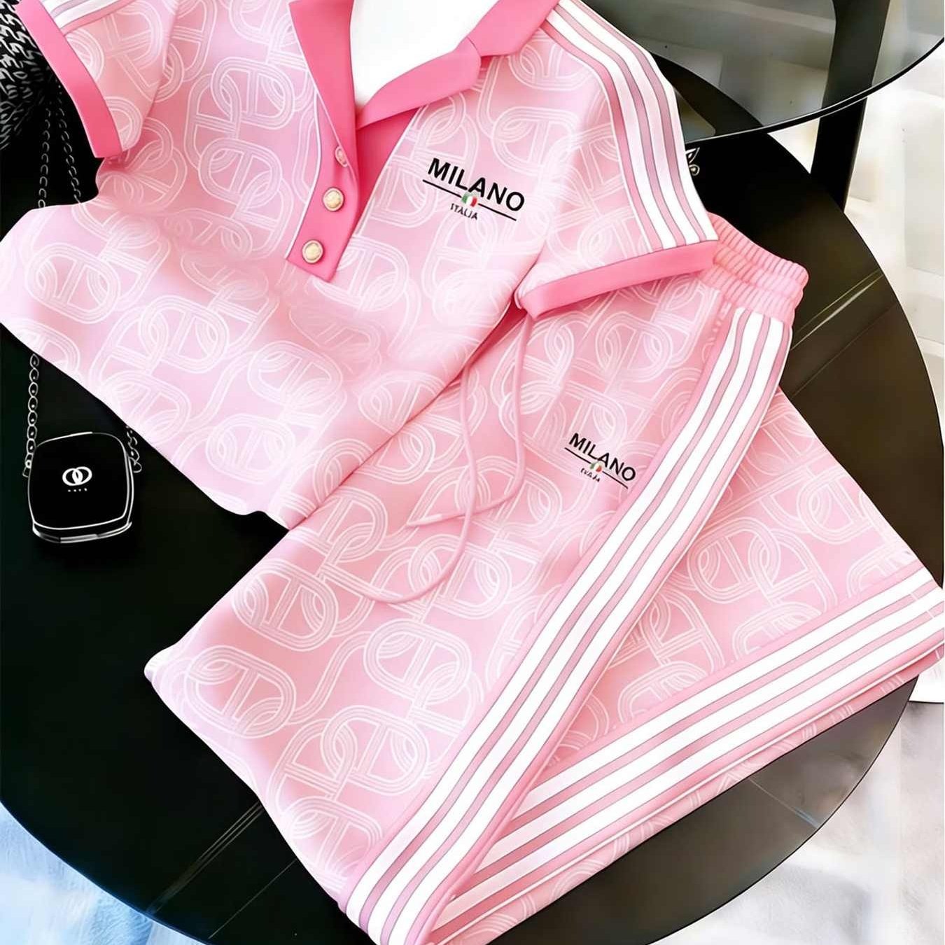 Collar Women's Fashion Casual Trendy Italia Letter Geometric Line Pattern 2pcs Set (top + Pants) Women's Outfits For Adults Women Sportswear Casual Wear