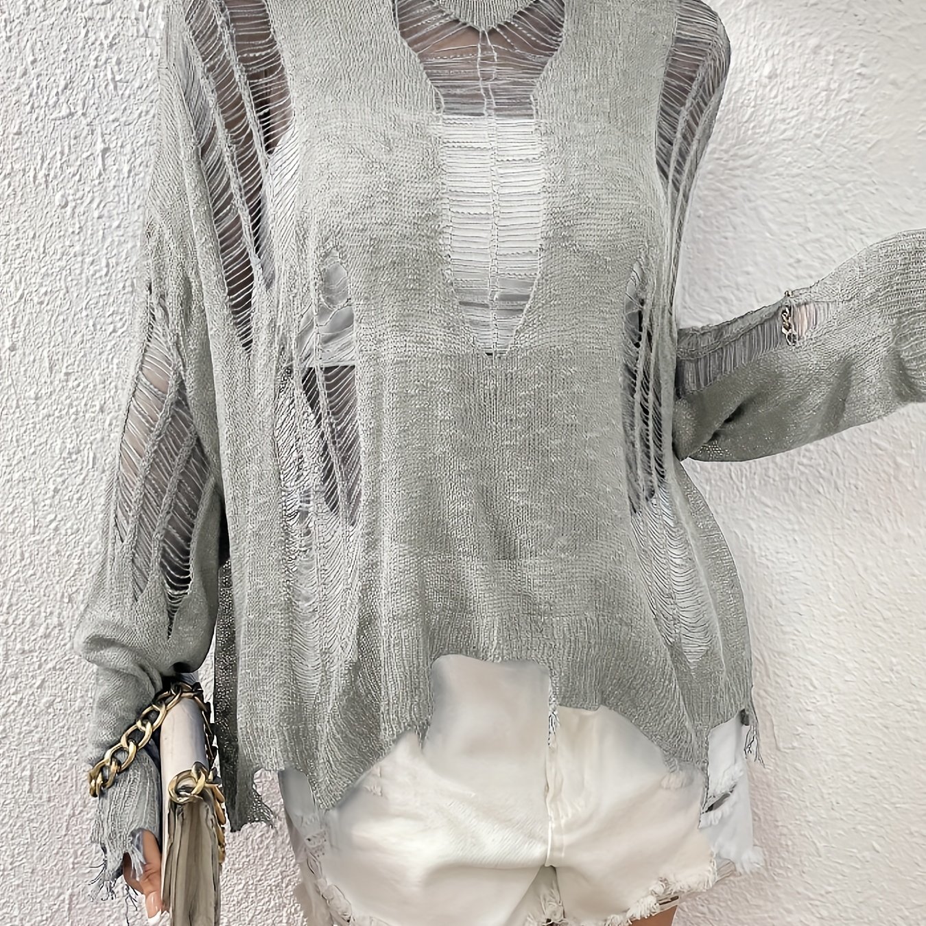 E-shop 2026 Europäisches amerikanisches lockeres langärmeliges einfarbiges Oberteil, durchbrochener Überwurf, Shirt, zerrissener Pullover für Damen