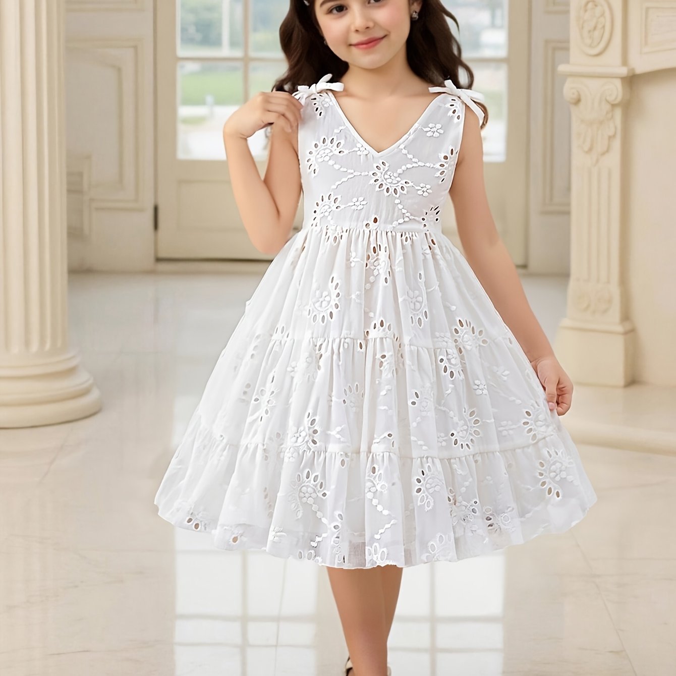 Image of Girls' Sleeveless Elegant White Lace Princess Dress | V-neck With Bow Detail, Ruffle Hem, Flared Knee-length Skirt, Suitable For Birthday Parties, Weddings, Banquets, , Vacations, And School