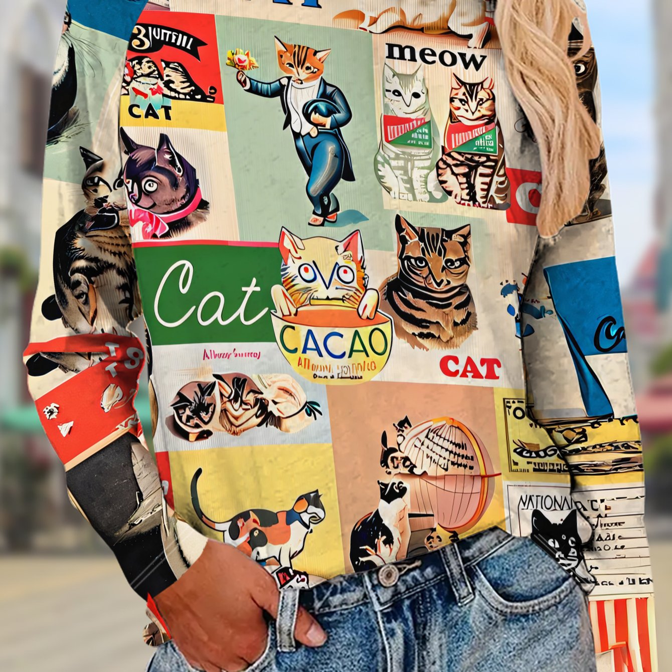 TEMU レディース ビンテージ風 猫イラスト 長袖ブラウス - 全身キント、柔らかいポリエステル素材、洗濯機対応 秋＆オール カジュアルセーター 猫好きな女性向け (ノン-)