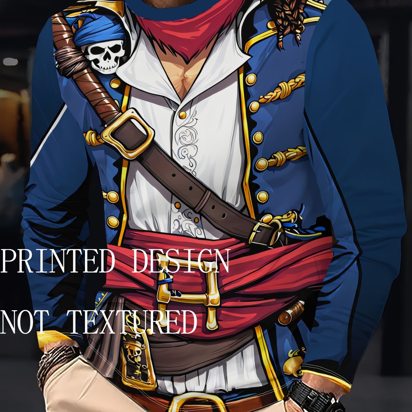 TEMU Camiseta casual de larga para hombre con diseño estampado [no texturizado], de pirata con túnica y bufanda , de calavera y detalles dorados, y