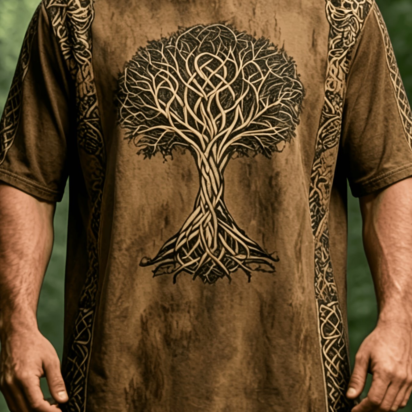 TEMU [print Design-not Textured] Men's Vintage Distressed Print Short Sleeve T-shirt, Tree Of With Celtic Totem Border, Suitable For Casual, Outdoor,