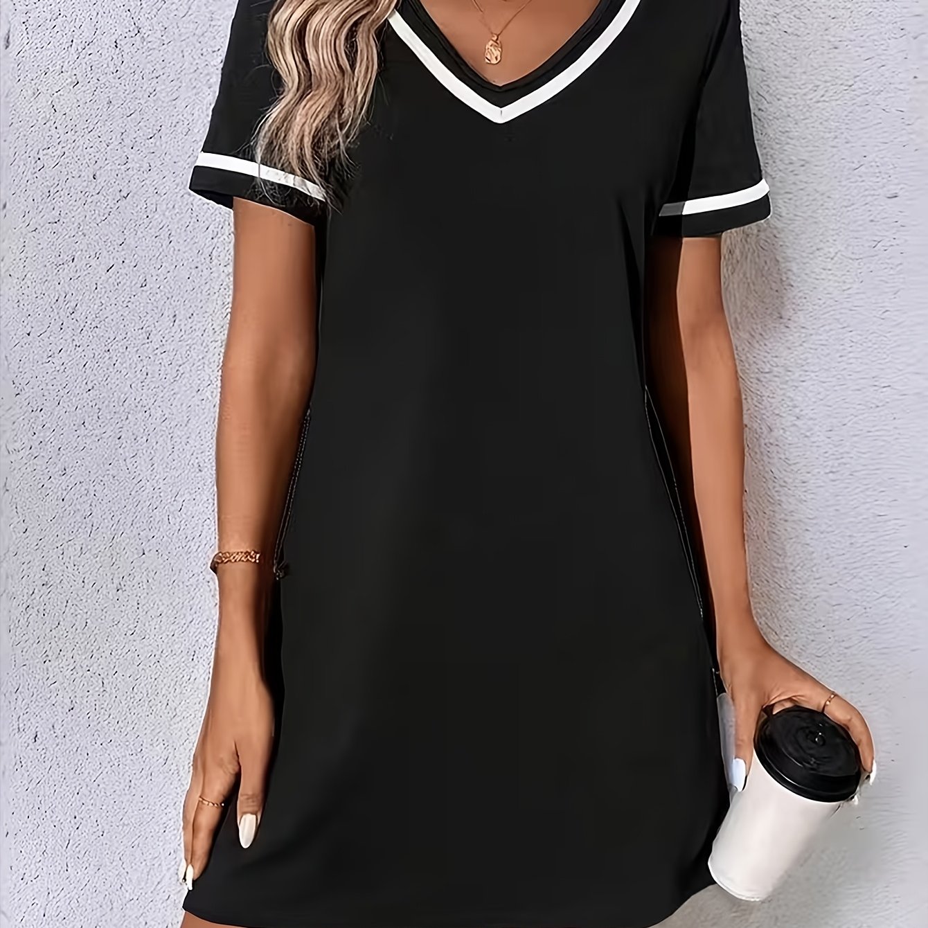 TEMU Spring/summer V-neck Short Sleeve Color Block Dress