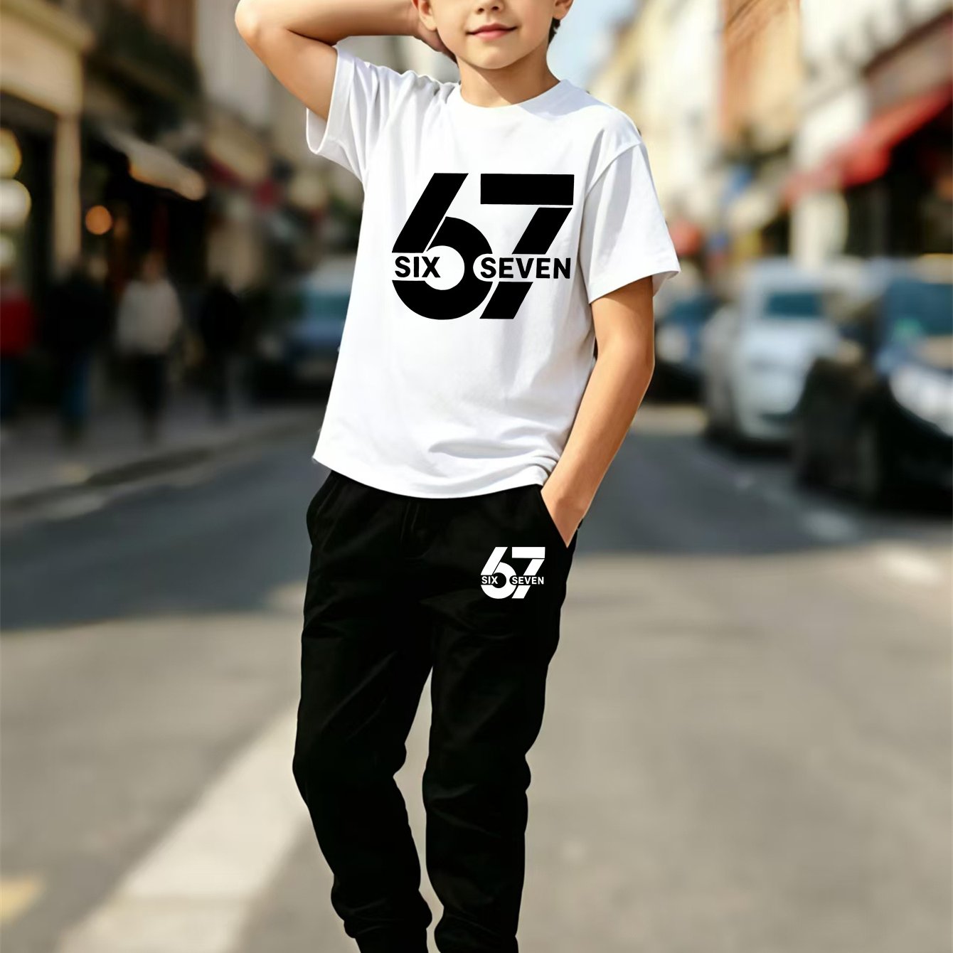 TEMU New Set For Boys In Summer, Consisting Of A Casual Short Sleeved T-shirt And Thin Breathable Pants, With A Fun 67 Print. A Versatile Sportswear