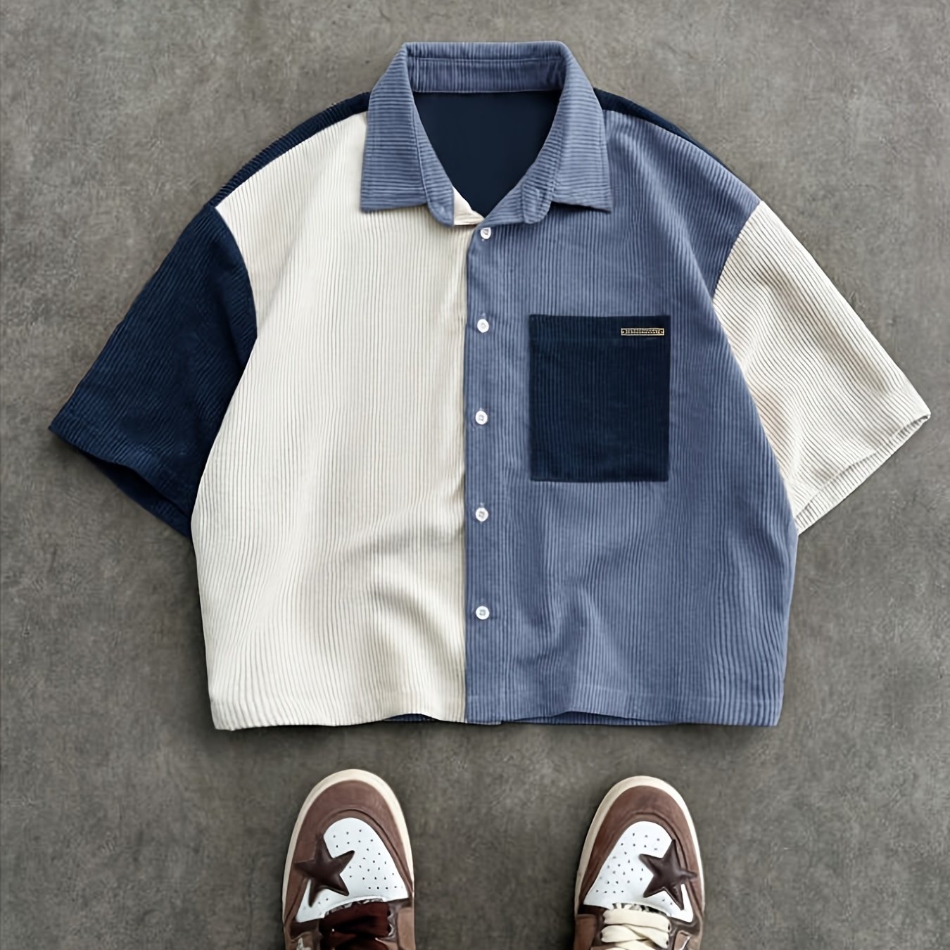 TEMU Chemise Homme Manches Courtes en Velours Côtelé à Blocs de Couleurs