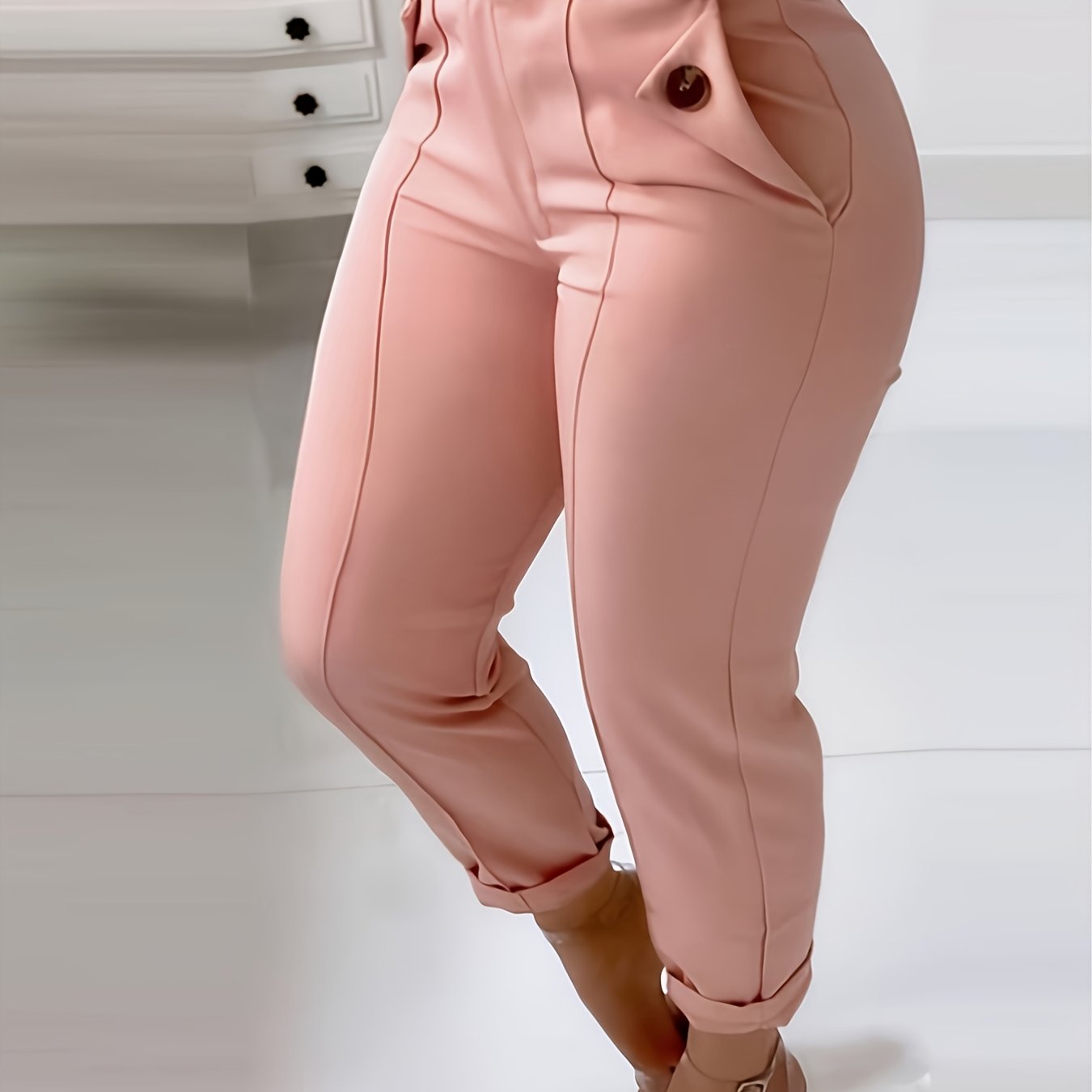 Women&#39;s High-Waisted Skinny Pants - Solid Color Minimalist Design, Summer Machine-Washable Trousers for Casual &amp; Professional Wear, Versatile Plain-Colored Fashion Trousers, Casual Attire, Chic Workwear, Elegant Detailing, Office Attire, Sleek Silhouette, Lightweight Fabric, Stylish Bottoms, Office Women