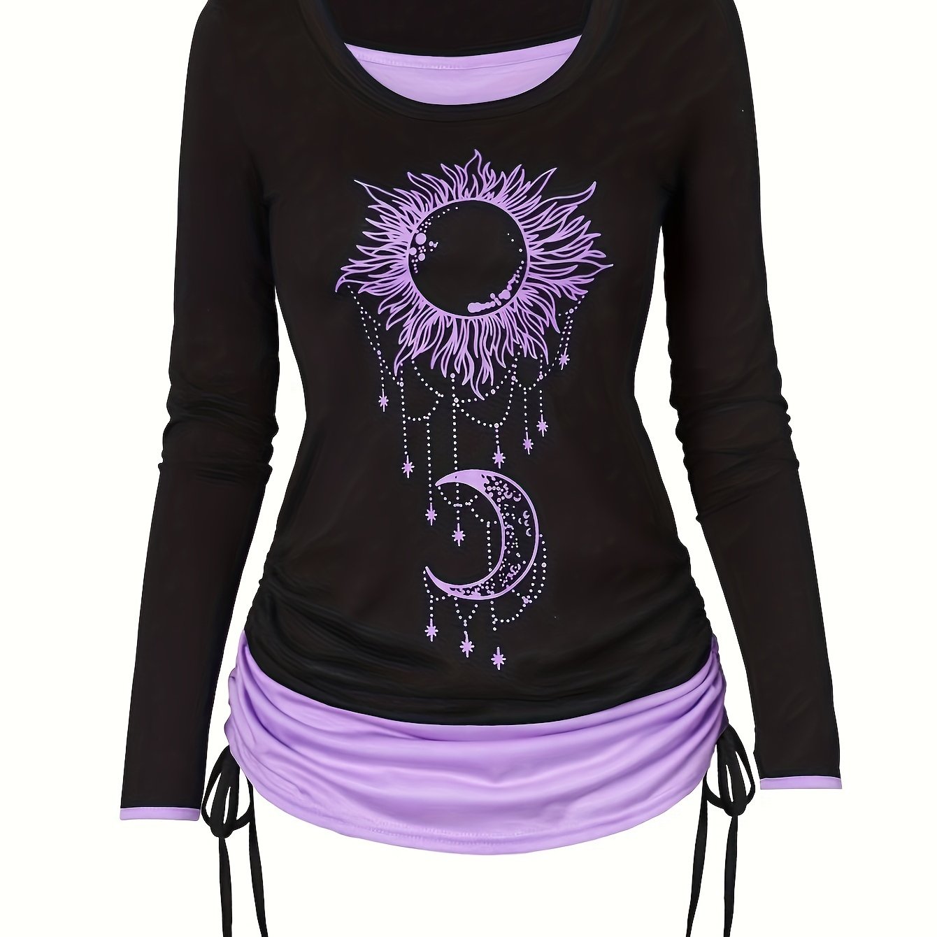 Image of 2 In 1 Print Side Tie T-shirt, Casual Colorblock Ruched Long Sleeve T-shirt, Women's Clothing