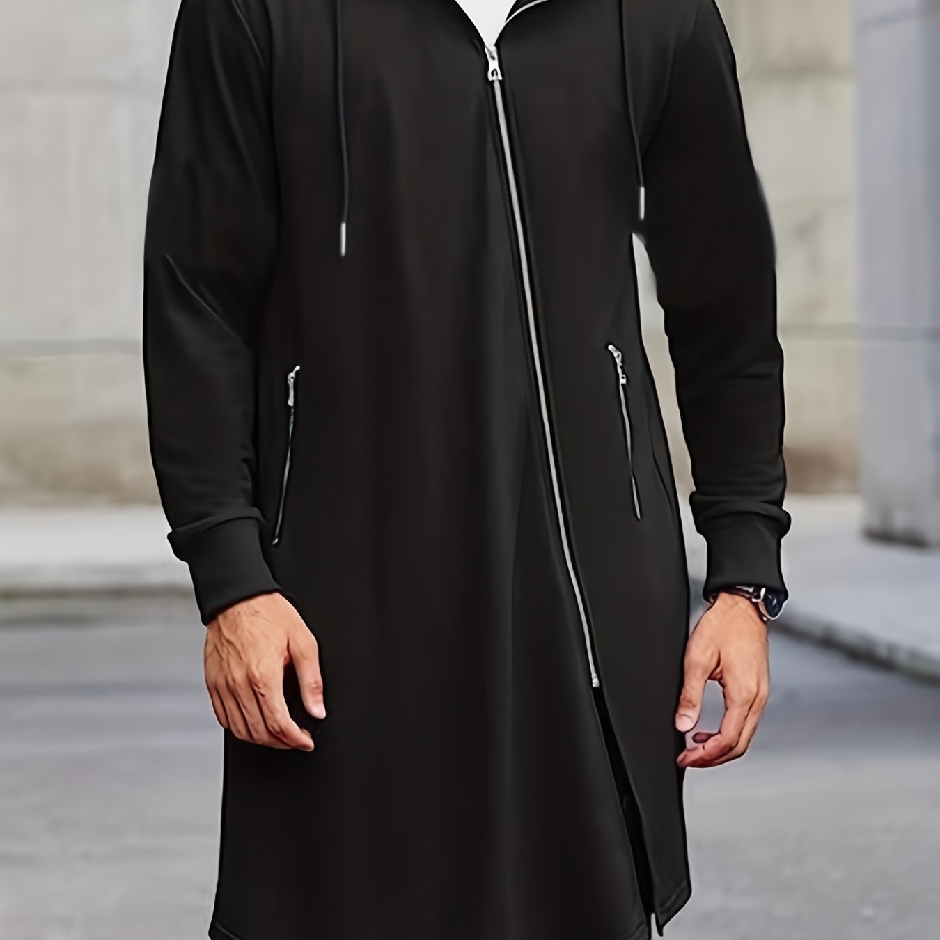 Individual Street Irregular Zipper Hooded Long Size Men's Coat, Plus Size