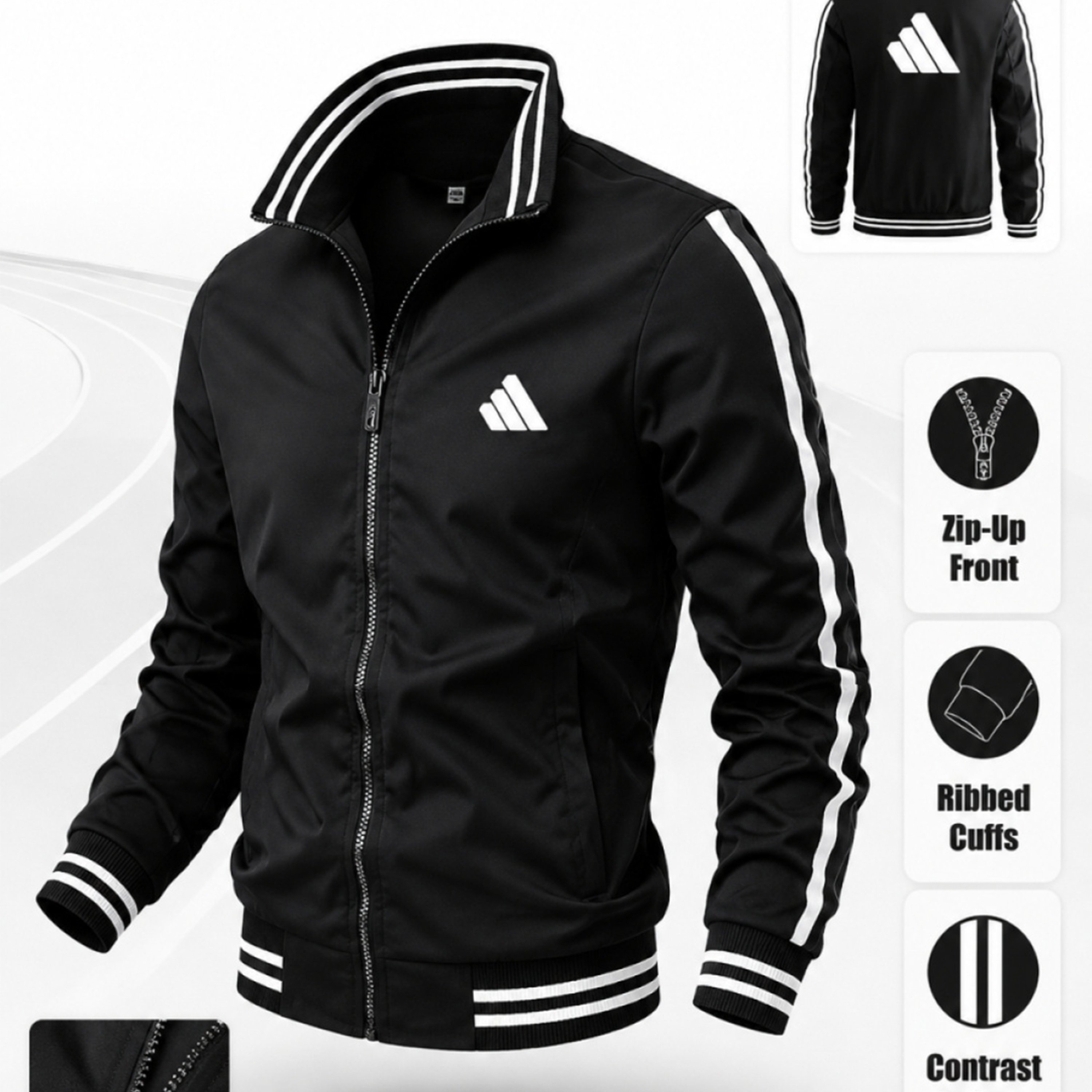 TEMU Men\'s Collar Windproof Jacket - Black And White Contrasting Casual Sport Coat - 3 Stripes Abstract - Suitable For Spring And Autumn Casual Wear