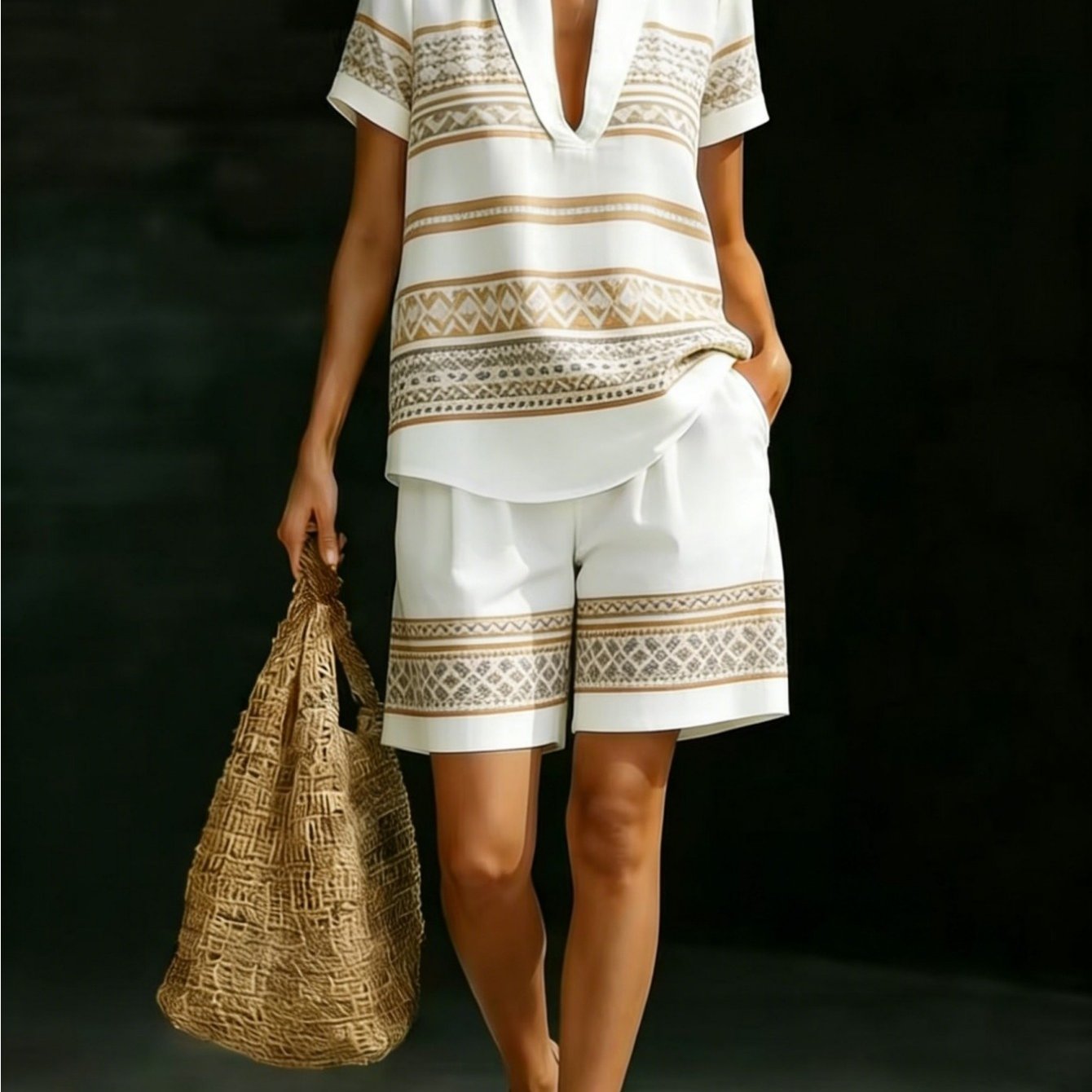 Image of Plus Size, Plus Size Women Tribal Geometric Horizontal Border Print 2pcs , Lapel V Neck Short Sleeve Shirt & Pocket Casual Shorts, Summer Loose Matching Outfit For Daily Beach Holiday Wear