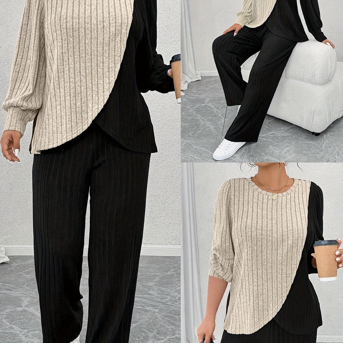 Plus Size - Plus Size - Women's Set Featuring A Round Neck Color- Top With An Asymmetrical Hem And Straight-leg Trousers