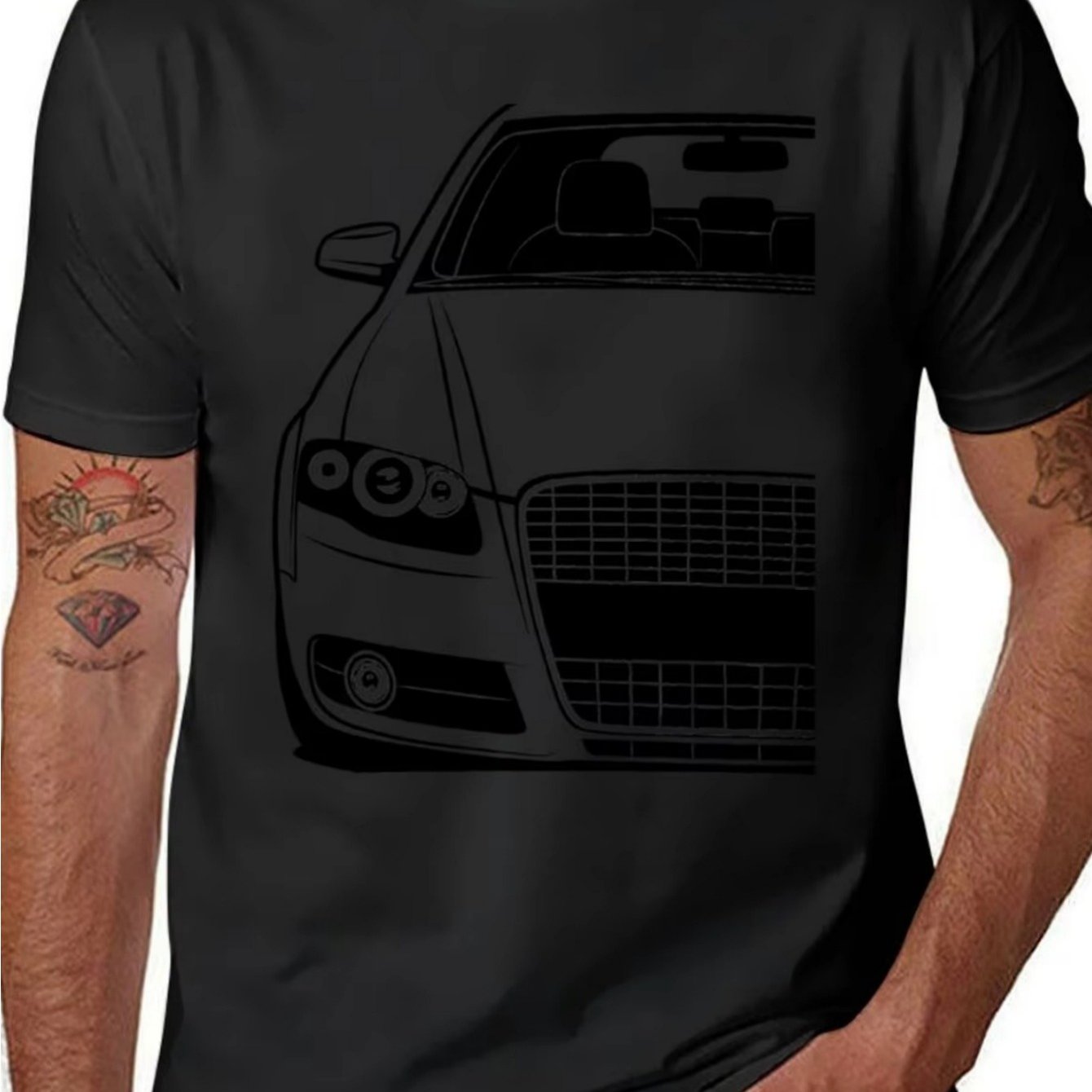 Image of Men's Oversized Car Print T-shirt Compatible For Auto & Daily Wear - Black Short Sleeve Crewneck Tee With Vehicle Graphics, Fit, Machine Washable Casual Wear (a4 B7 Size)