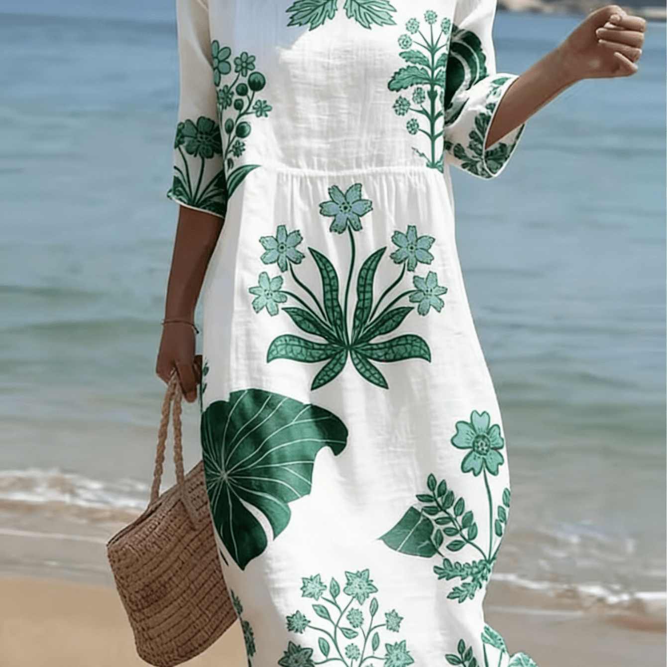 Image of Women's Boho Floral Print Midi Dress, Casual 3/4 Sleeve Crew Neck Loose Polyester Fiber Fabric Tunic Dress, Beach Vacation A-line Swing Dress With Green Botanical Print