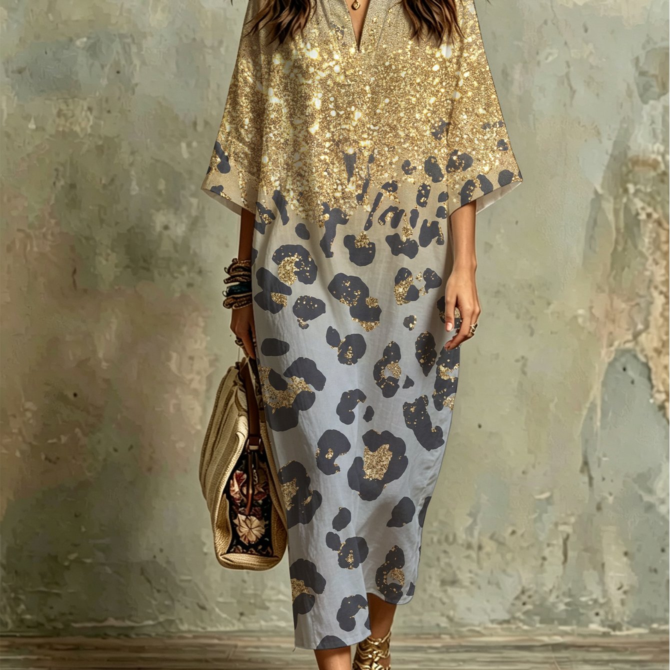 Plus Size - Fashion Women's Kaftan Dress With Golden Glitter Leopard Print, Light , Loose Fit, Soft Fabric, Breathable, Perfect For Beach Vacations, Evening Parties, Summer