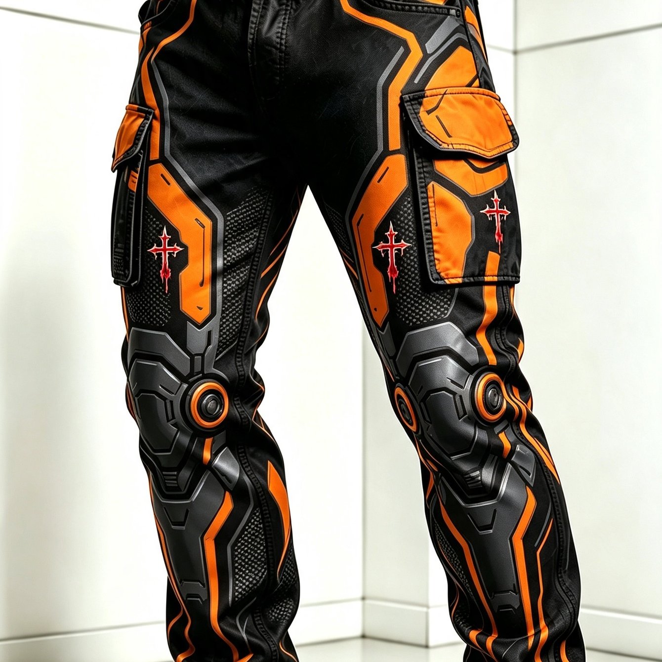 Men's Cyber-mecha Print Cargo Pants, Black And Orange Contrast Multi-pocket Casual Trousers, Versatile For Outdoor Wear