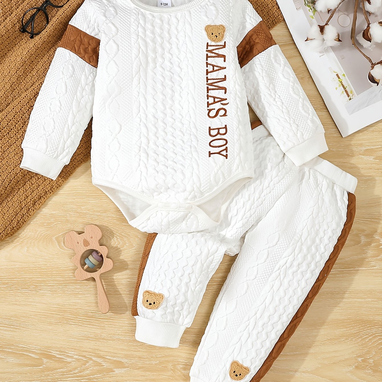 Baby Boy Set Autumn And Winter Long-sleeved Casual Jacquard Knitted Color-blocking Fashion Embroidered Letter Pants Long-sleeved Two-piece Set, For Outdoor