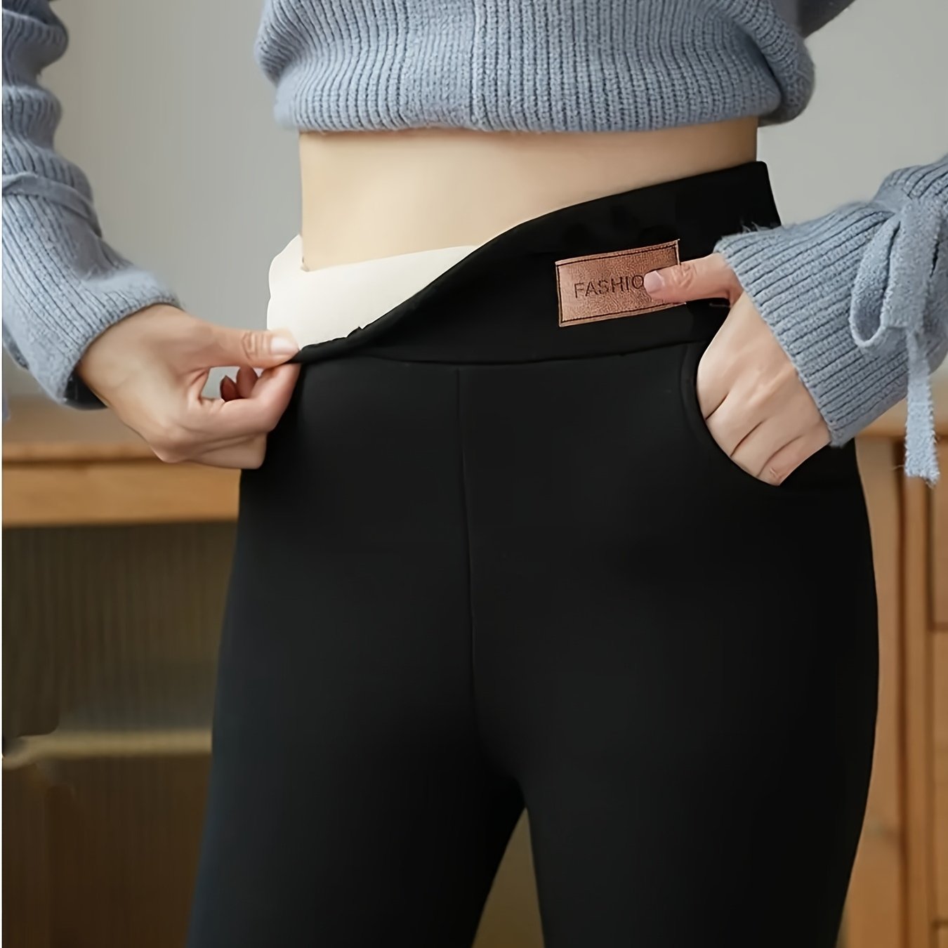1pc Women's High-waisted Thermal Full-length Pants - Winterproof Stretchable Trousers With Leather Label Detail, Solid Color For Gym, Training, Casual Attire - Mature Pantsuit
