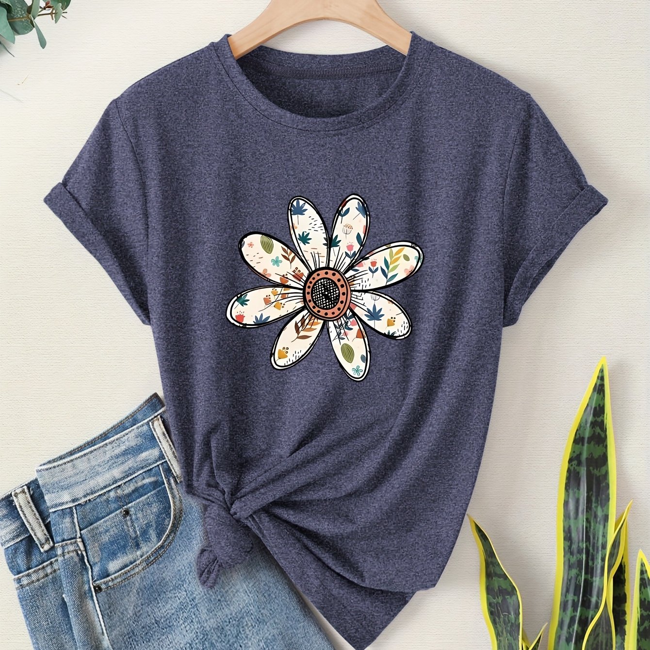 TEMU 1pc Women's Vintage Style T-shirt With Colorful Daisy Print, Casual Round Neck Short Sleeve Top For Spring/summer/autumn