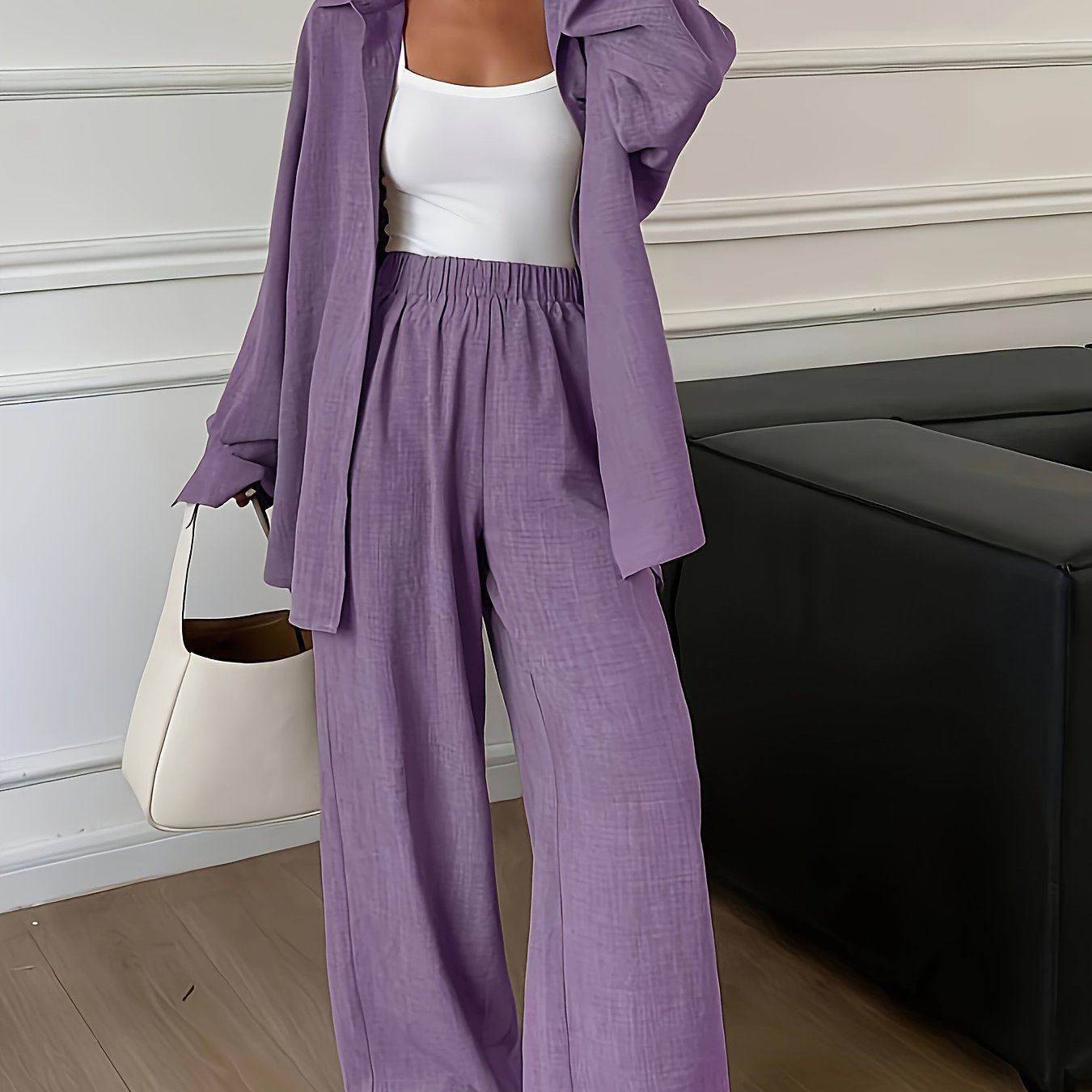 TEMU Zj0907034 Women's Elegant Long-sleeve Shirt And Trousers Set