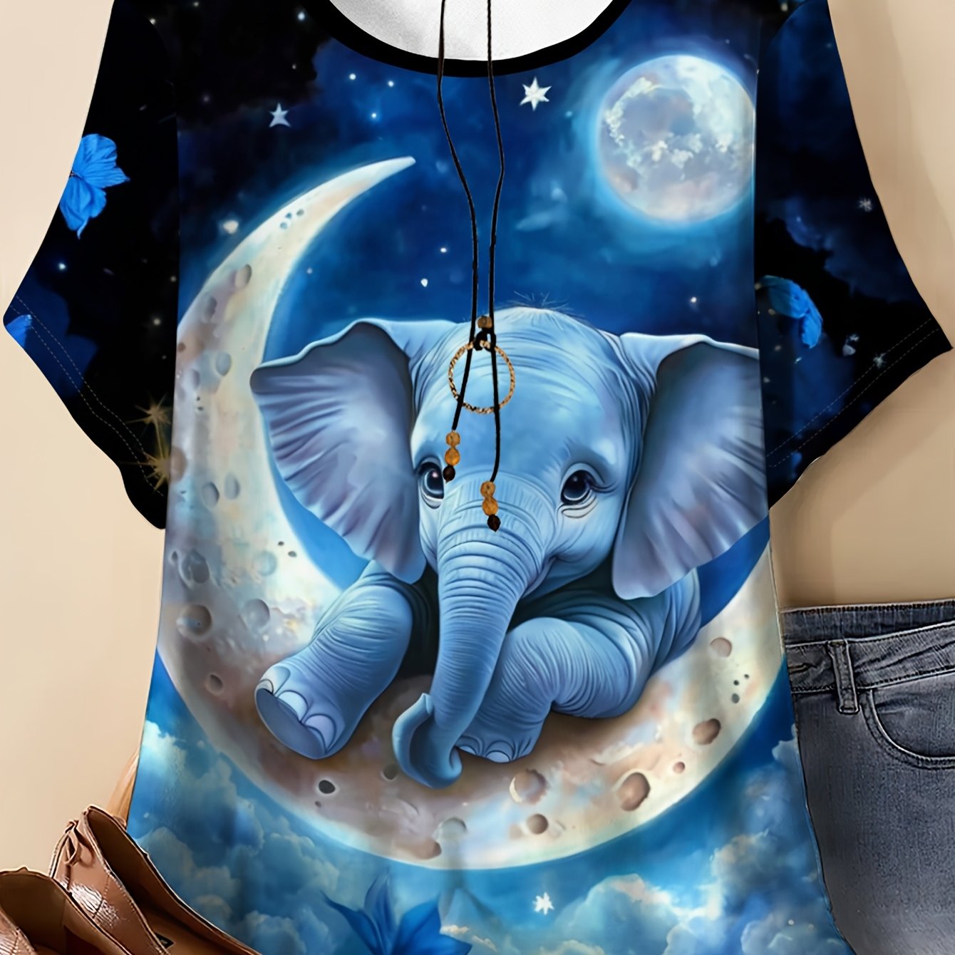 TEMU Plus Size - Plus Size - Plus Size, Women's Plus Size Magical Elephant And Moon T-shirt - Featuring An Elephant And Moon Print, This Short-sleeve