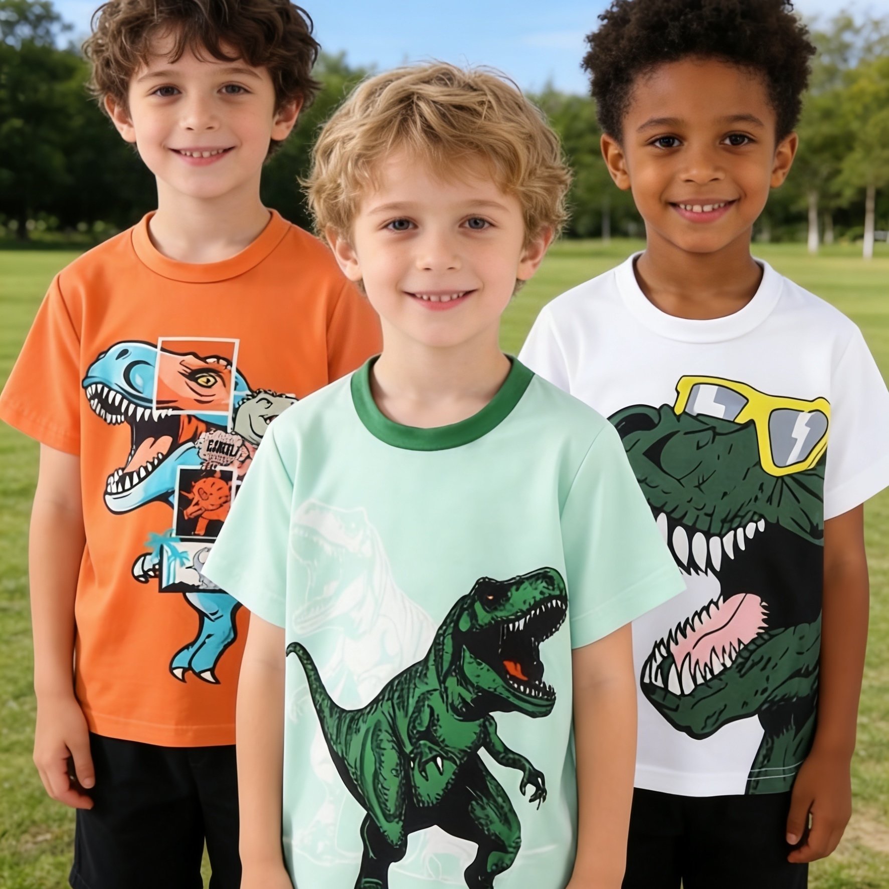 Image of 3pcs Boys Short Sleeve Crew Neck Tees, Cute Cartoon Dinosaur Graphic Shirts, Soft Comfortable Summer Tops For Daily Wear, School & Outdoor Activities, Ideal Birthday Holiday Gift For Little Boys