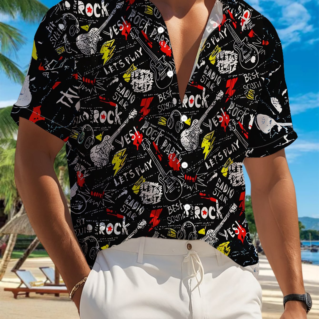 TEMU 's Casual Short Sleeve Shirt, Full Print Rock Elements Hand-painted Style Street Feel, Holiday Party Versatile, Fabric Machine Washable,