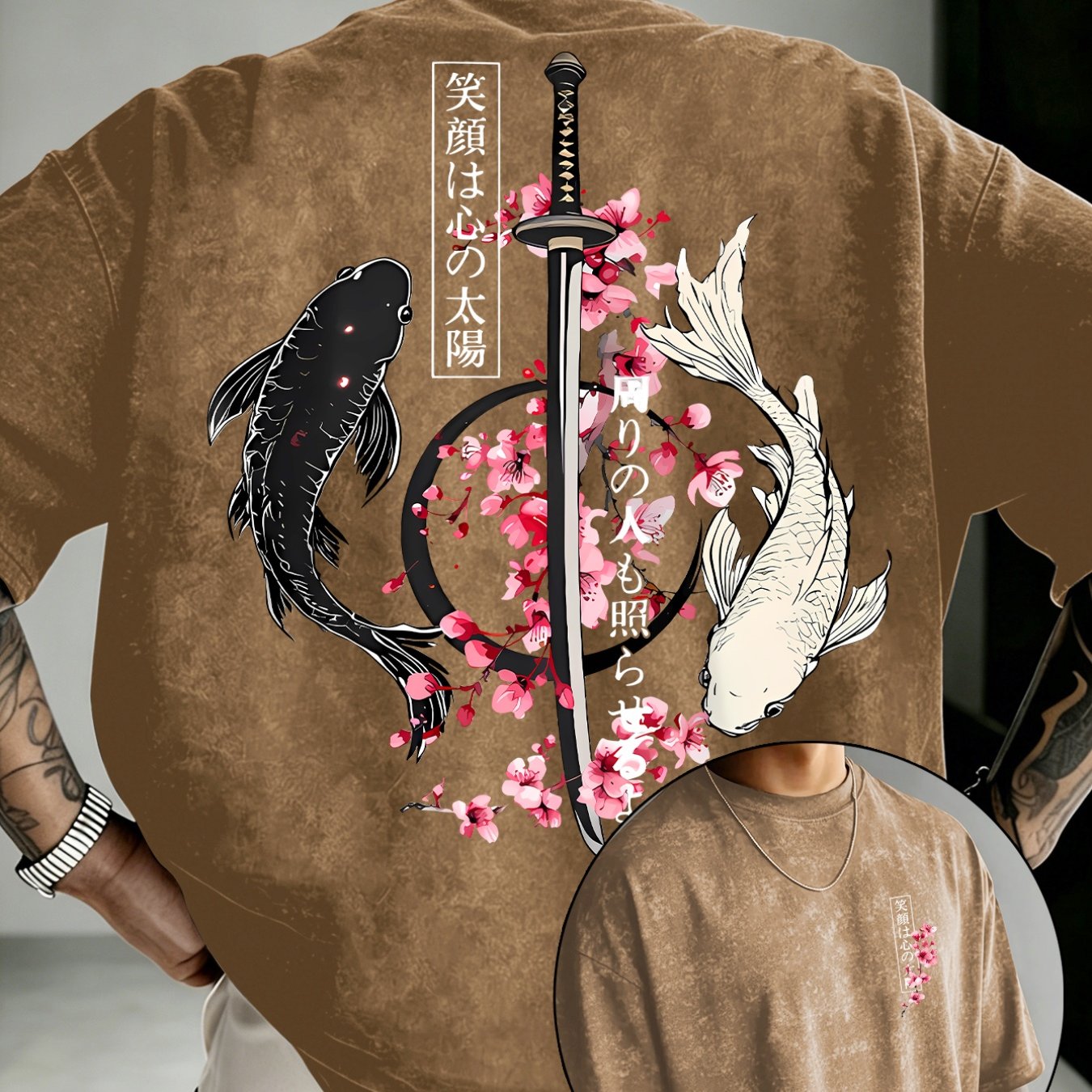 TEMU Men's Regular Fit Distressed Casual Short-sleeve T-shirt With Japanese-style Cherry , Sword, Yin Yang, And Koi Fish Back Print
