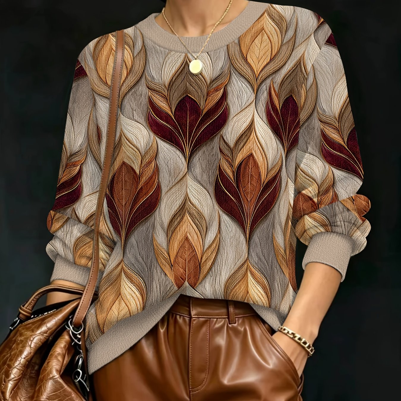 TEMU Women's Fall Winter New Thick Printed Loose Crew Neck Pullover Fashion Casual Long Sleeve Warm Top Versatile Slim Layer Sweater Soft Fabric