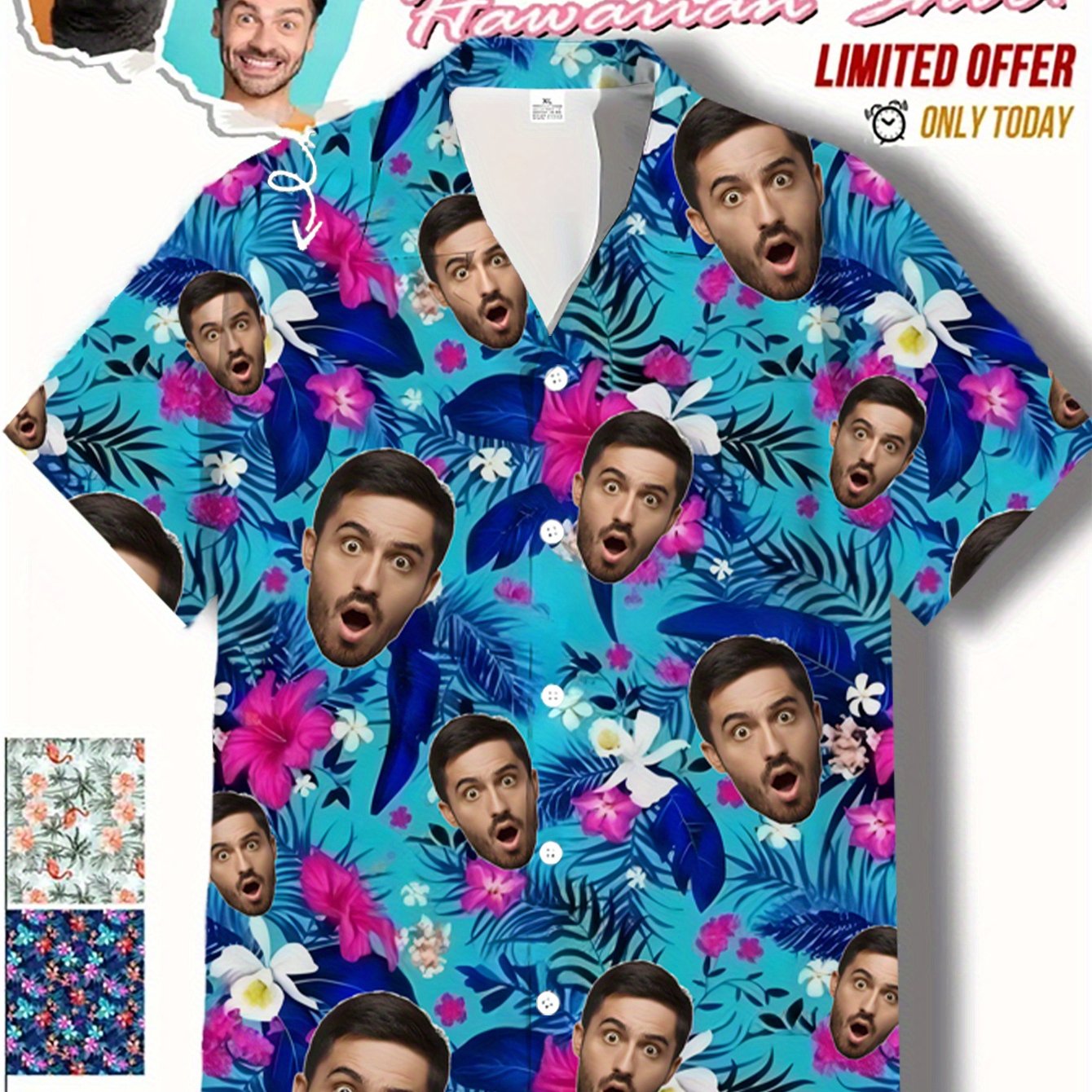 TEMU Custom Photo Hawaiian Shirt - Personalized Tropical Shirt With , Hawaiian Party Outfit, Birthday Gift Idea - Button-up Collar Shirt For -