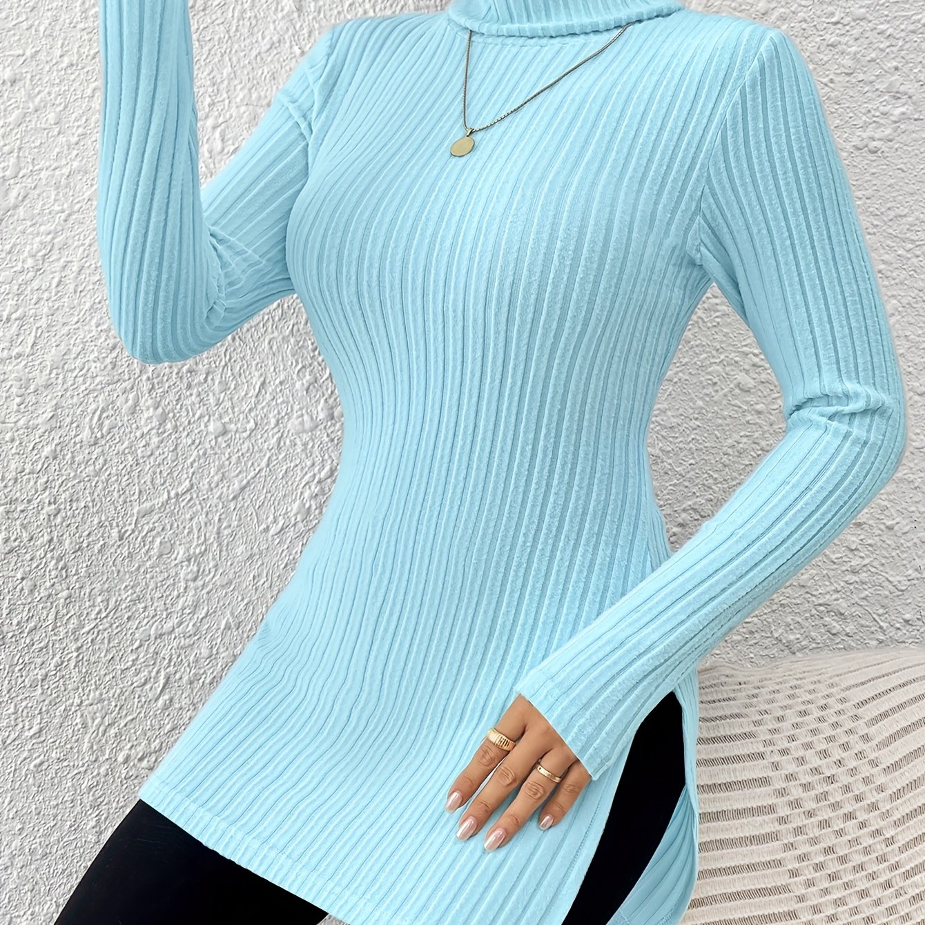 TEMU Women's Elegant High-neck Long Sleeve Turtleneck Top With Side Slit - Solid Color Shirt, Machine Washable Versatile Base Layer For Casual &