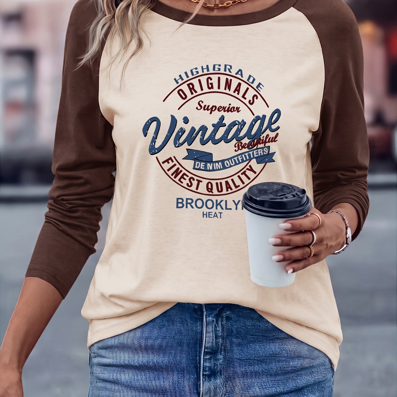 TEMU Brooklyn Vintage European And Women' Versatile Comfortable Casual Color- Crew Neck Raglan Long Sleeve T-shirt