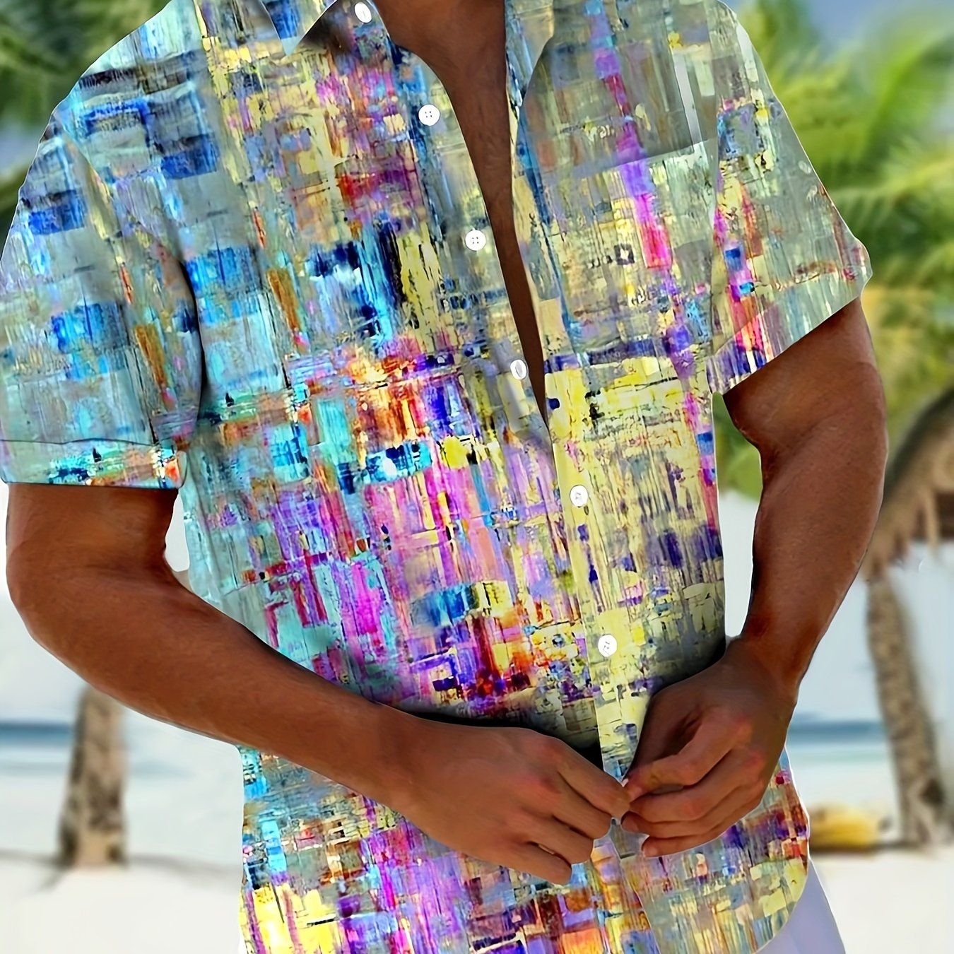 Gradient Art Creative Oil Painting Print Men's Plus Size Button-pocket Short Sleeve Shirt