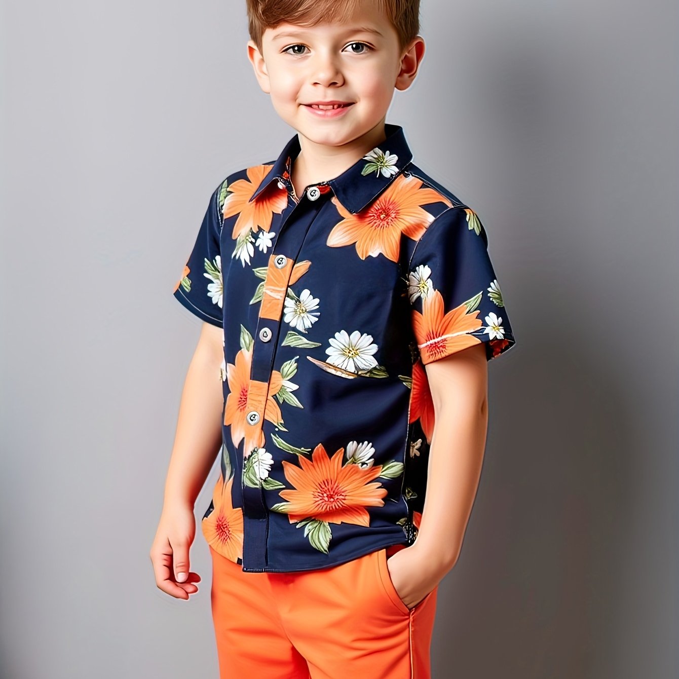 TEMU This Boys' Two-piece Outfit Includes A Soft, Cozy Knit Shirt With A Navy Background With An Orange Floral Pattern, Complemented By Shorts. A