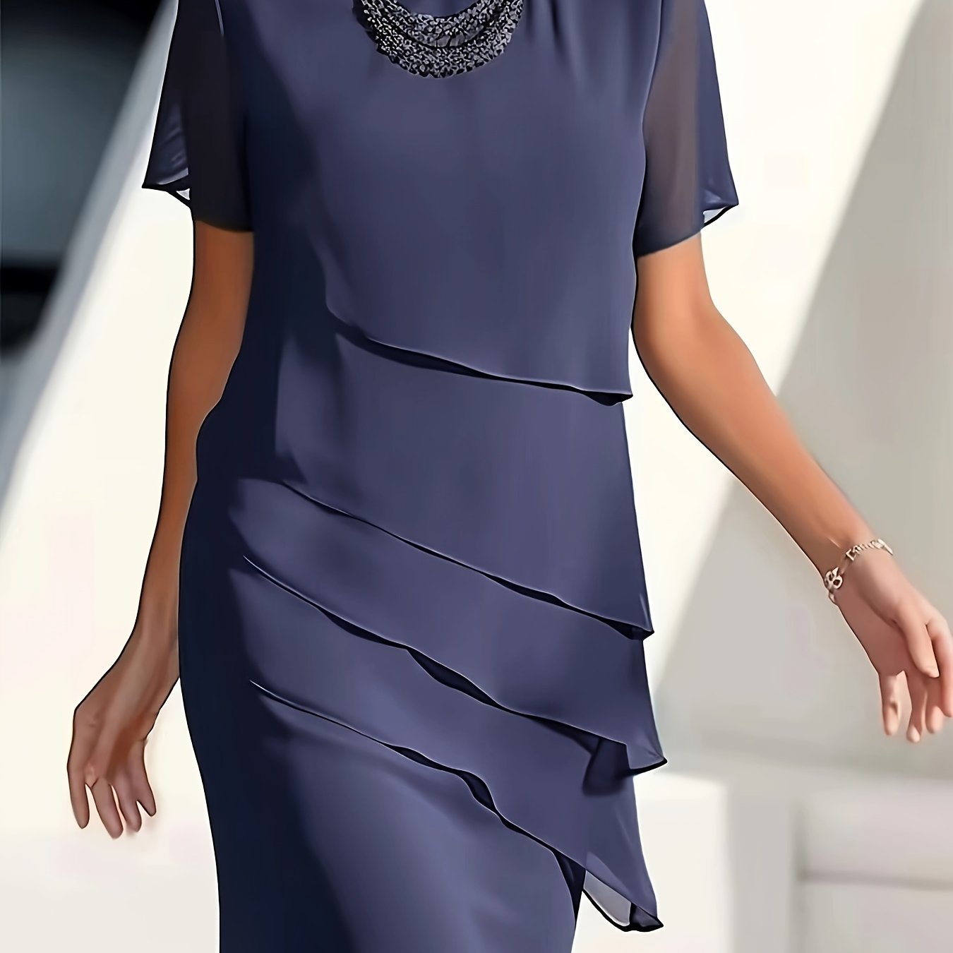 TEMU Women's Chiffon Dress Elegant Work Dress Bodycon Dress Midi Party Dress Solid Layered Round Neck Short Sleeve Loose Spring Dress