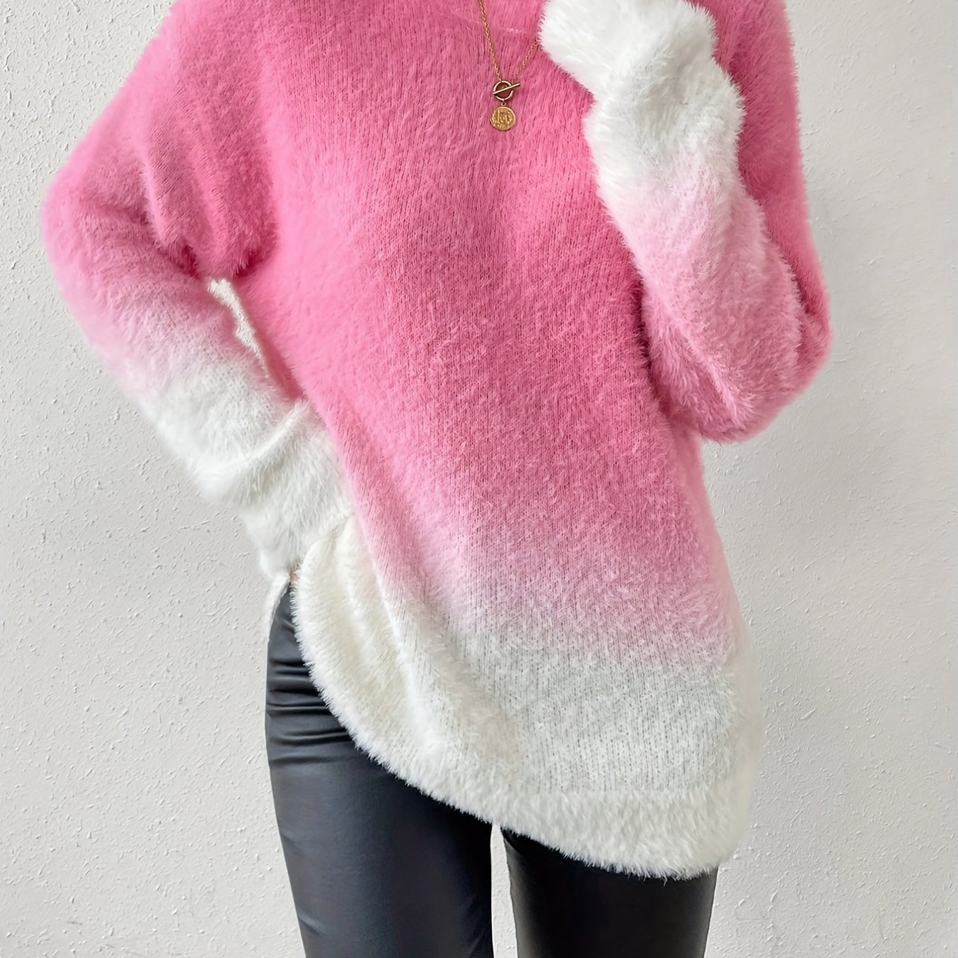 Ombre Off-shoulder Puff Sweater, Long Sleeve Top