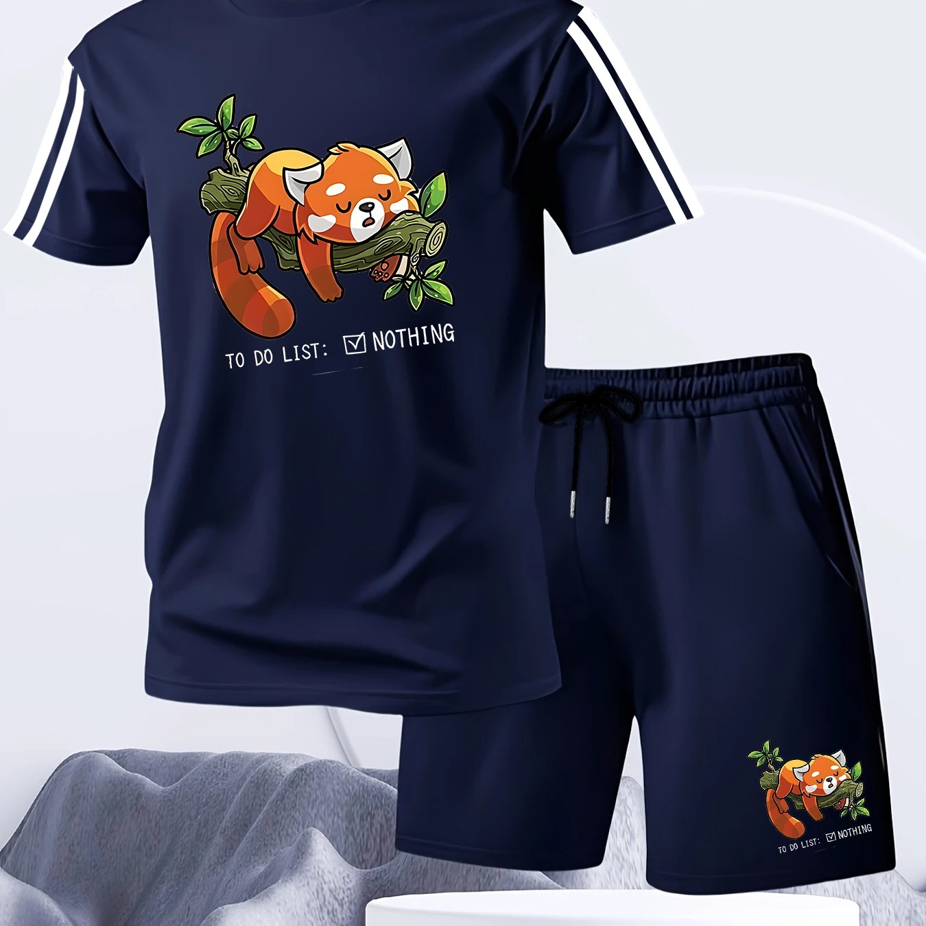 TEMU Men's Loungewear Set With Cute Sleeping Red Panda Print, S-3xl, Casual Comfortable T - Shirt And Shorts 2 - Piece, Fun Animal Pattern For Daily