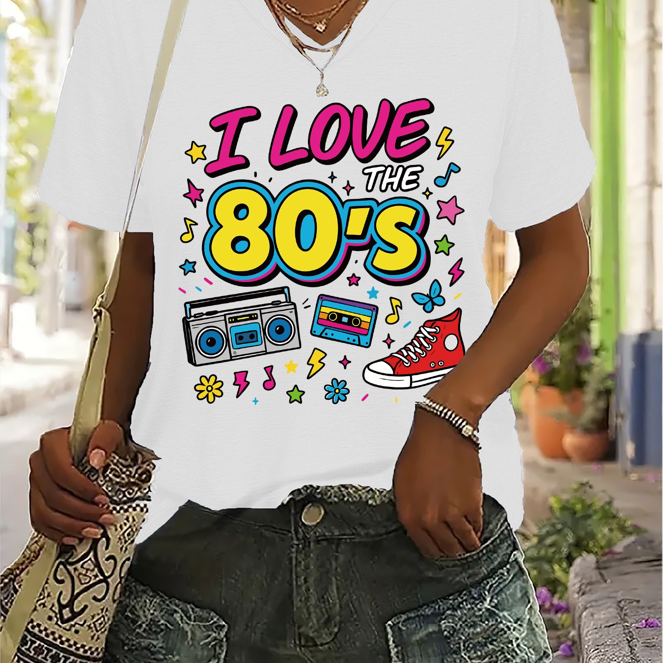 TEMU T-Shirt Femme Vintage Années 80 Col V - Manches Courtes Haut Décontracté d'Été Idéal pour Thème Années 80 & Tenue Casual - Lavable en Machine de