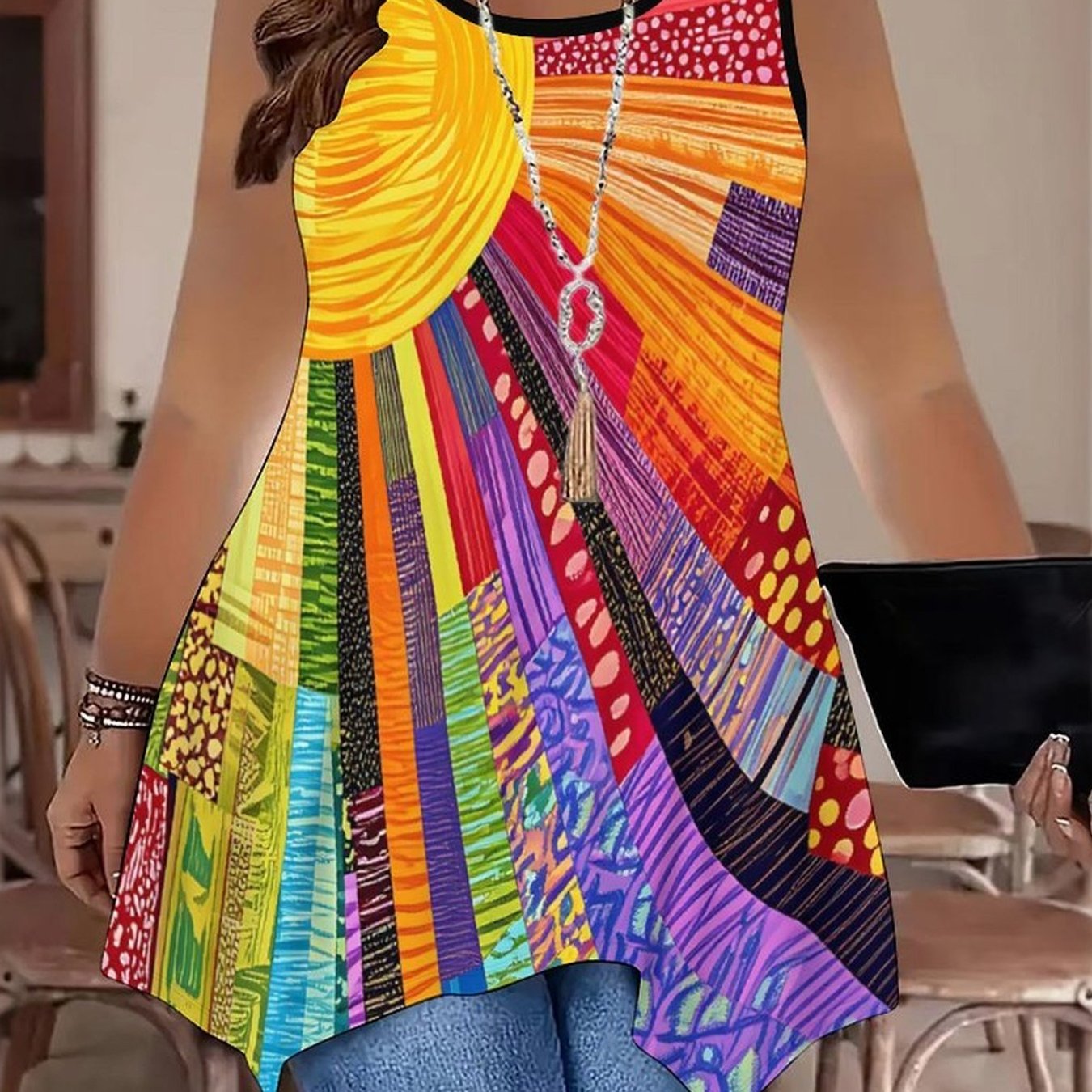 Plus Size, Plus-size Women's Casual And Elegant Style, Fashion, Multi-element Printed Patterns, Dopamine- Neck Vests With Irregular , Suitable For Occasions, Exquisite And Stylish, Recommended
