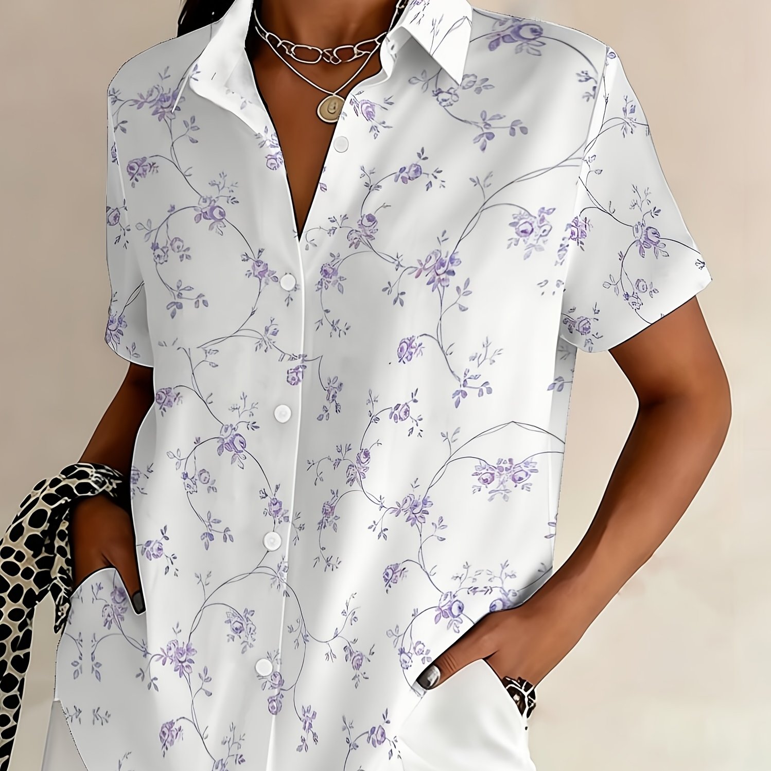TEMU Plus Size, Women's Casual Personality Short Sleeve Flower Print Plus Size Button-up Shirt Fashion Lapel Cardigan