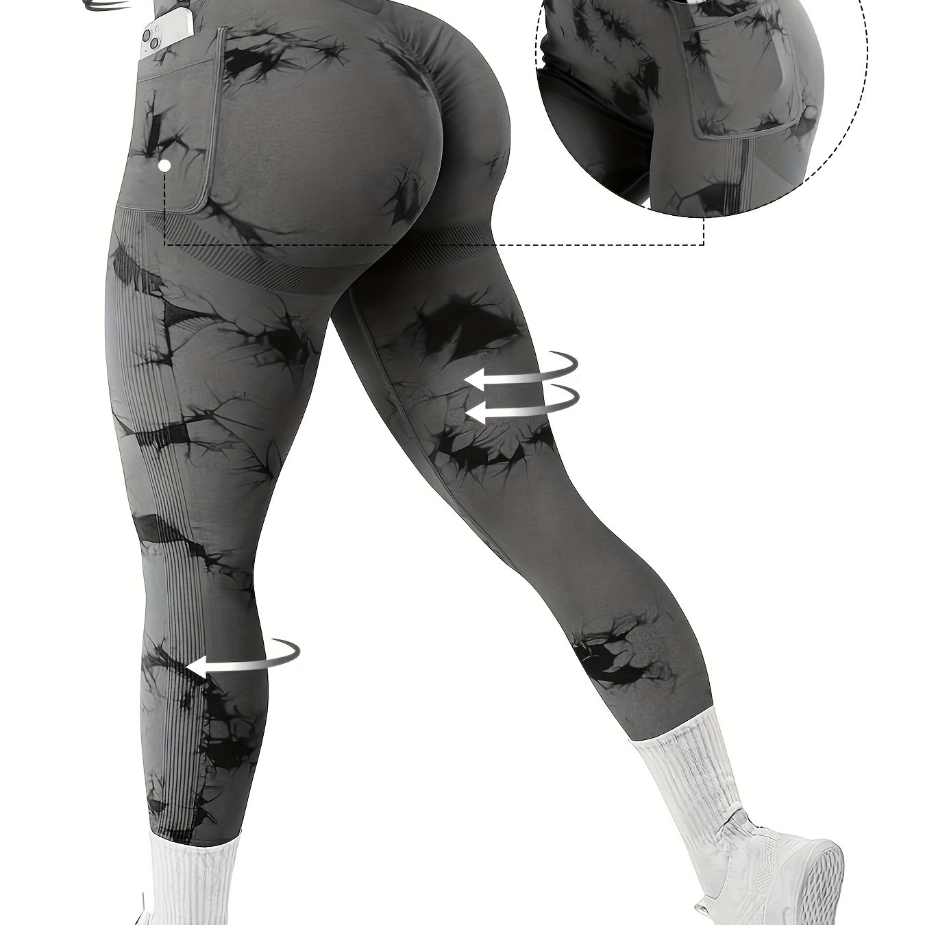 Image of Women's High-waisted Tye-dye Yoga Pants With Pocket, Seamless Butt Lifting Running Tights, Breathable Stretch Fabric, Elegant Knit Athletic Leggings For Workout