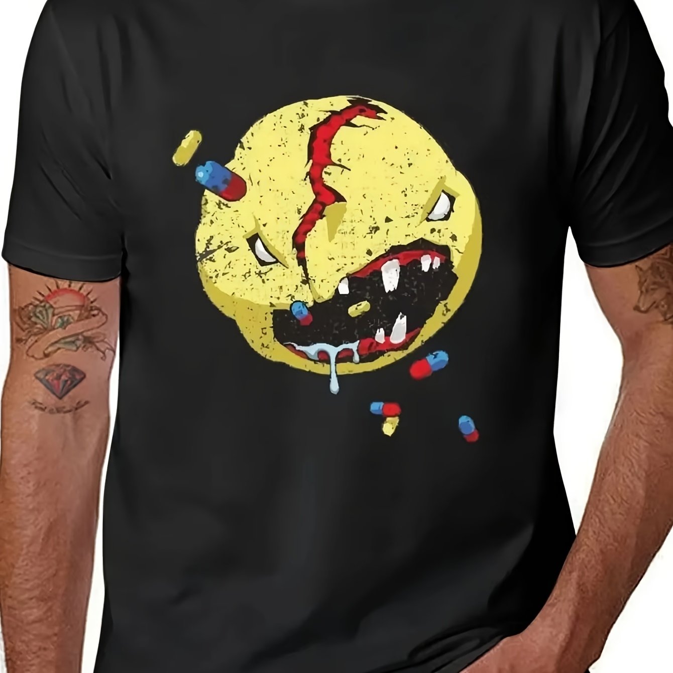 TEMU Herre Cyber Grafisk T-shirt - Svart Vintage Bomullscrewneck Tee med Kantskarpt Geometriskt Glatt Ansiktsdesign, Färgglada Piller & Droppande