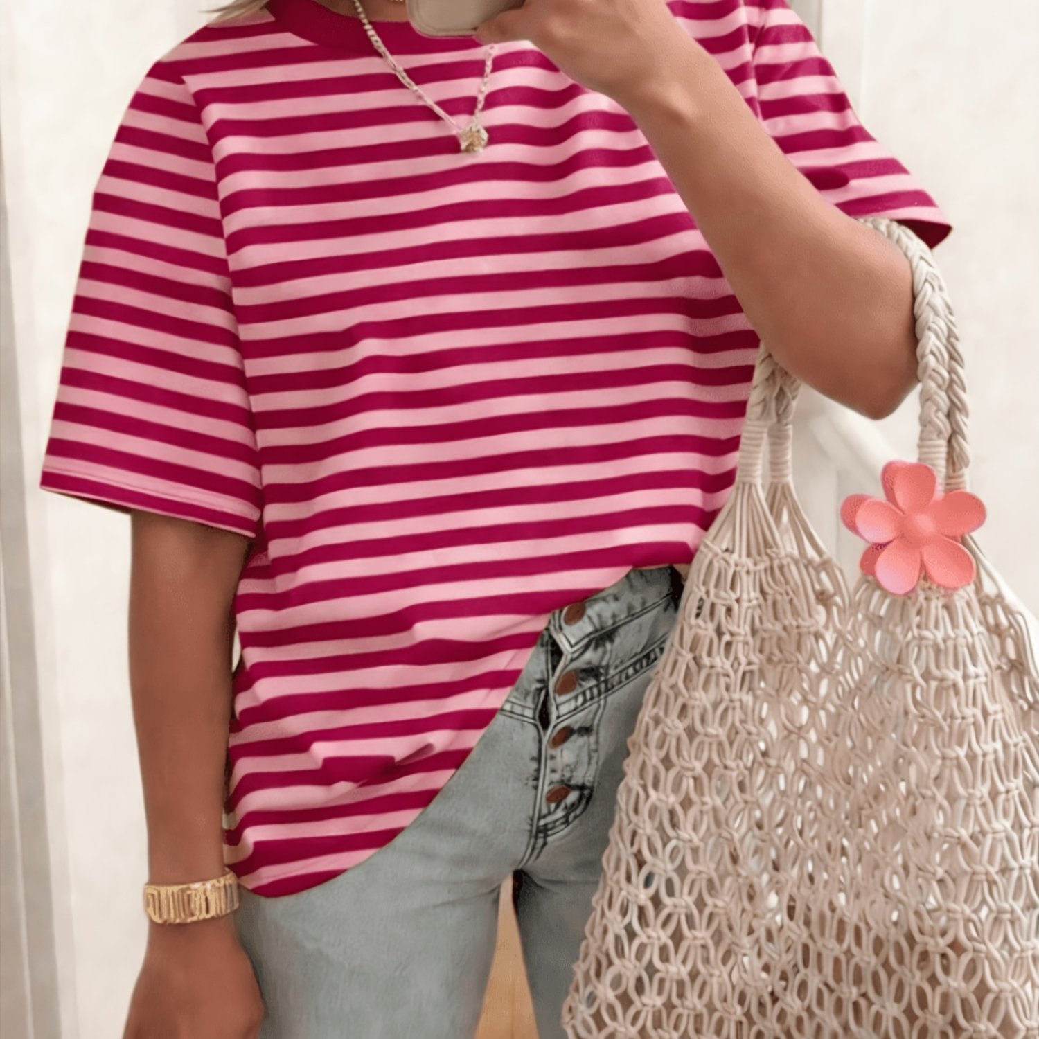 TEMU Plus Size Women's Clothing, Color-block Striped Round Neck Short Sleeve T-shirt, Loose Summer All-match Striped Top